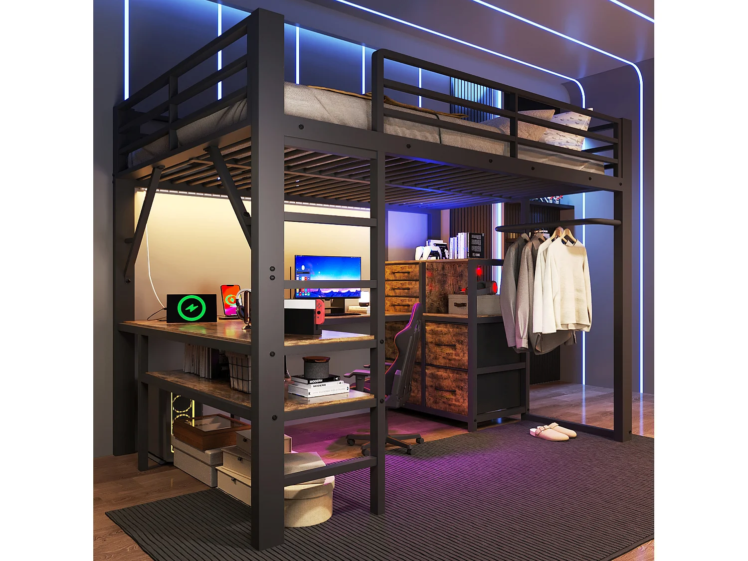 Lit mezzanine 140 x 200 cm - avec prise de courant et lumière LED - avec bureau d'angle et espace de rangement - Noir (matelas non inclus)