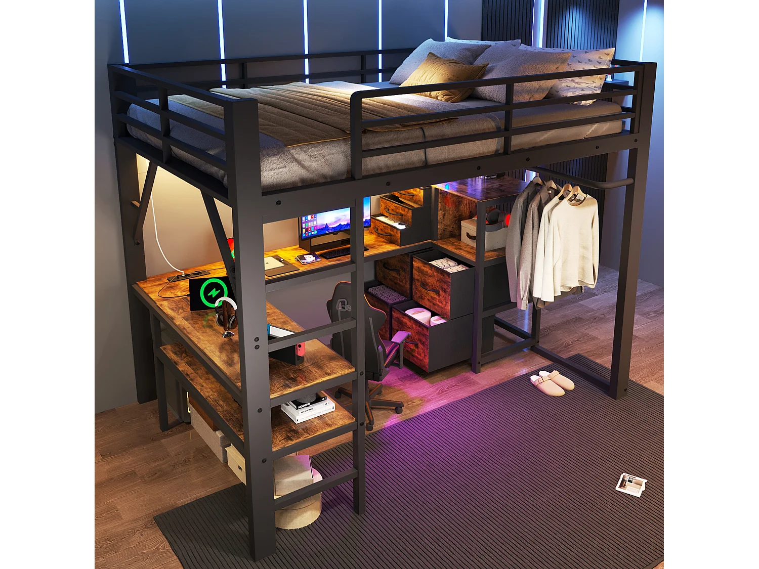 Lit mezzanine 140 x 200 cm - avec prise de courant et lumière LED - avec bureau d'angle et espace de rangement - Noir (matelas non inclus)