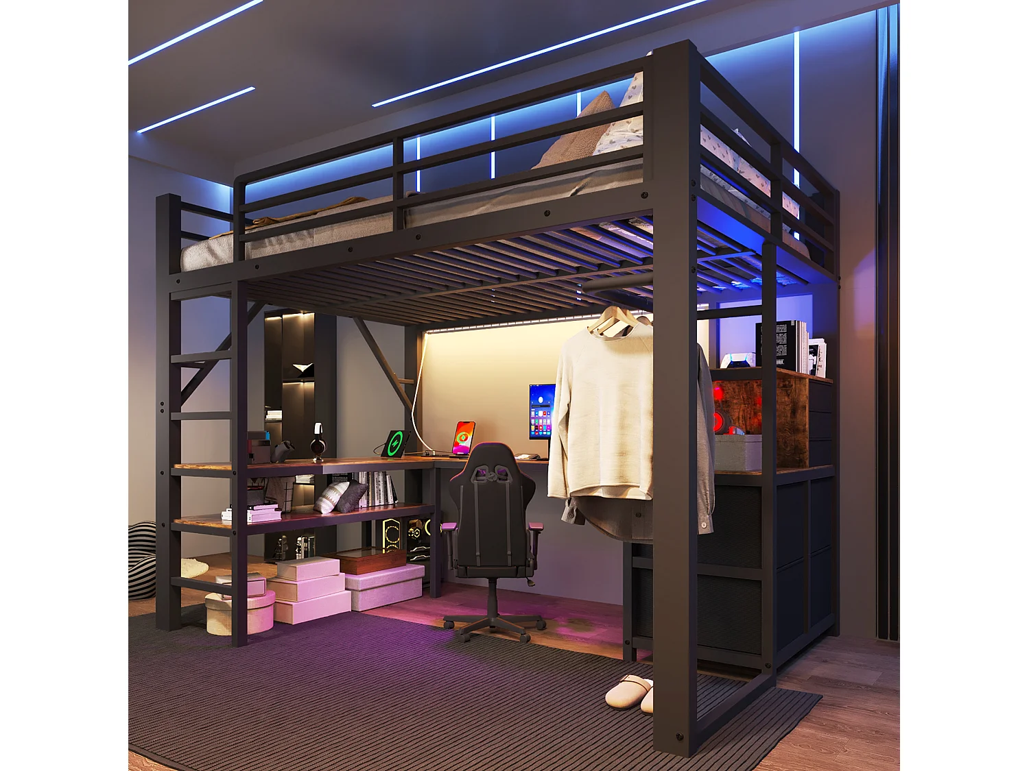Lit mezzanine 140 x 200 cm - avec prise de courant et lumière LED - avec bureau d'angle et espace de rangement - Noir (matelas non inclus)