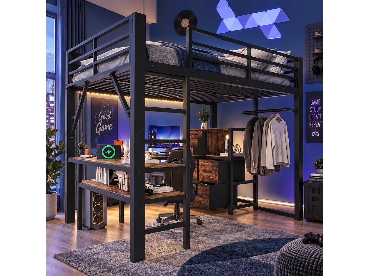 Lit mezzanine 140 x 200 cm - avec prise de courant et lumière LED - avec bureau d'angle et espace de rangement - Noir (matelas non inclus)
