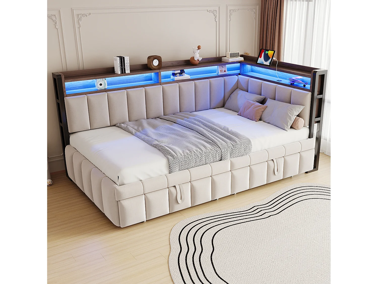 Canapé-lit 90 x 200 cm – avec lit gigogne – avec éclairage LED – avec ports USB et Type-C – beige (matelas non inclus)