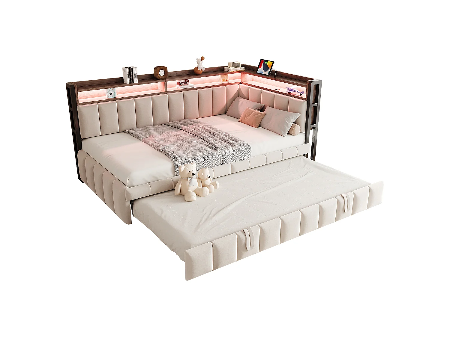 Canapé-lit 90 x 200 cm – avec lit gigogne – avec éclairage LED – avec ports USB et Type-C – beige (matelas non inclus)