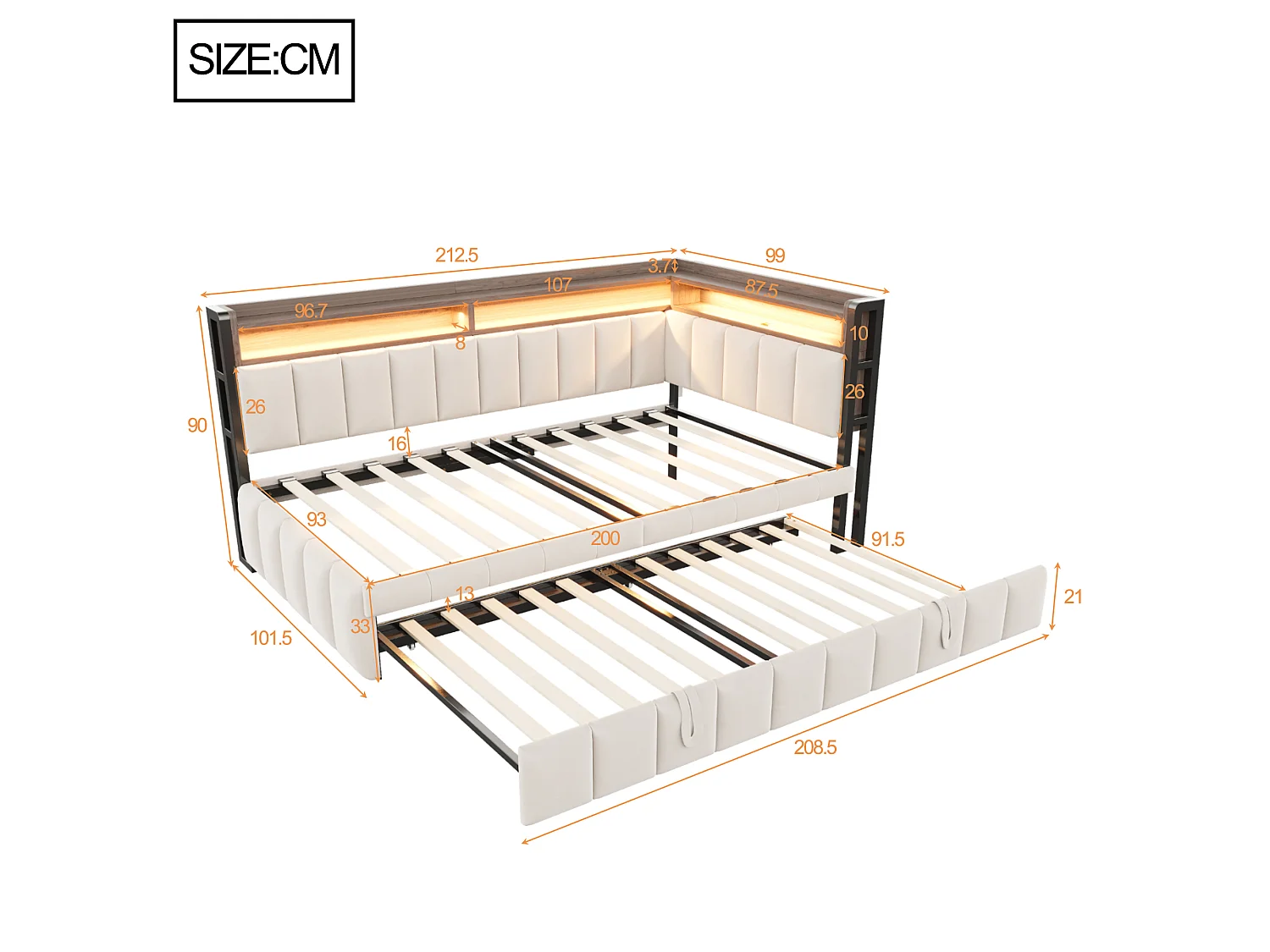 Canapé-lit 90 x 200 cm – avec lit gigogne – avec éclairage LED – avec ports USB et Type-C – beige (matelas non inclus)