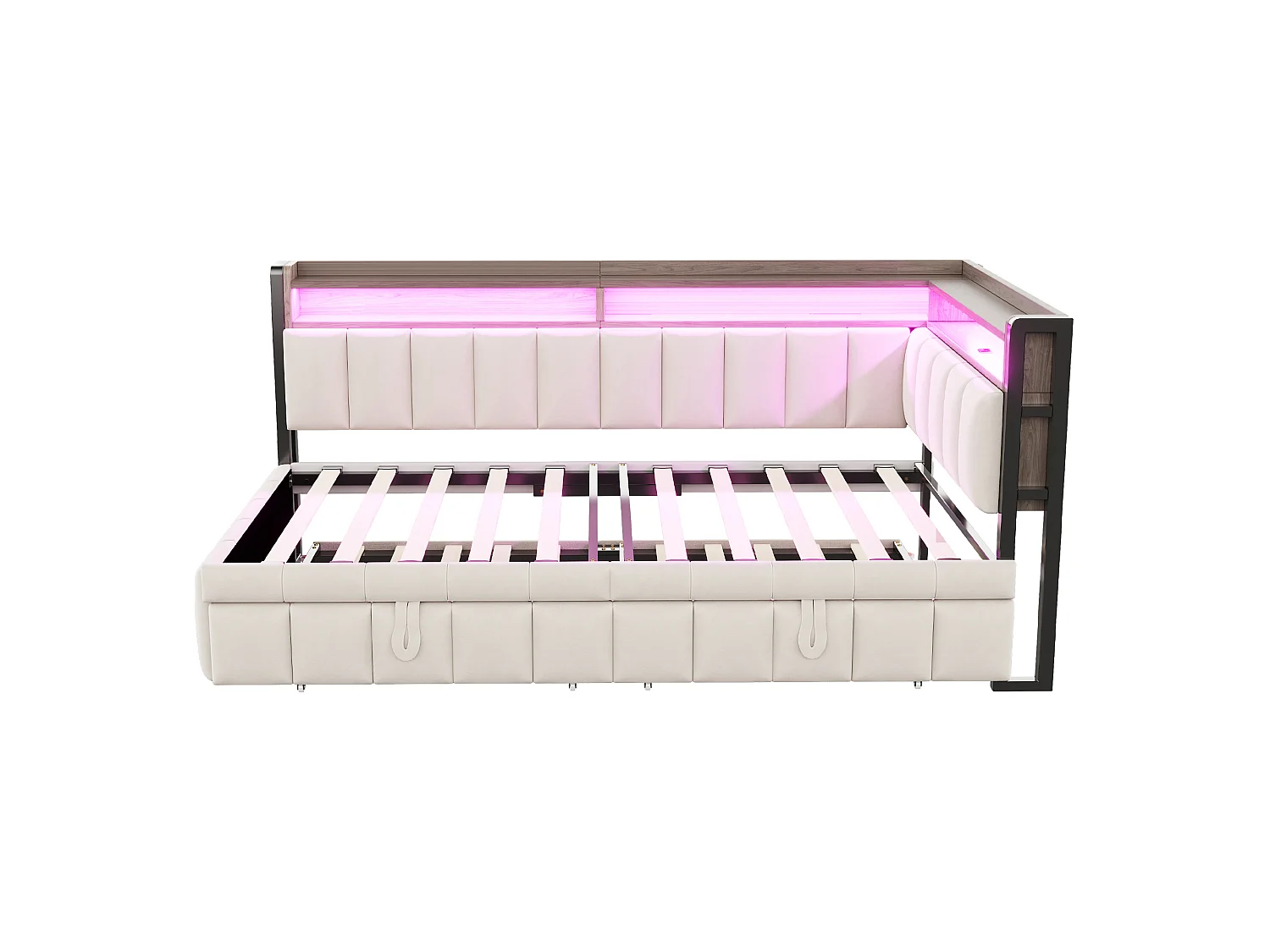 Canapé-lit 90 x 200 cm – avec lit gigogne – avec éclairage LED – avec ports USB et Type-C – beige (matelas non inclus)