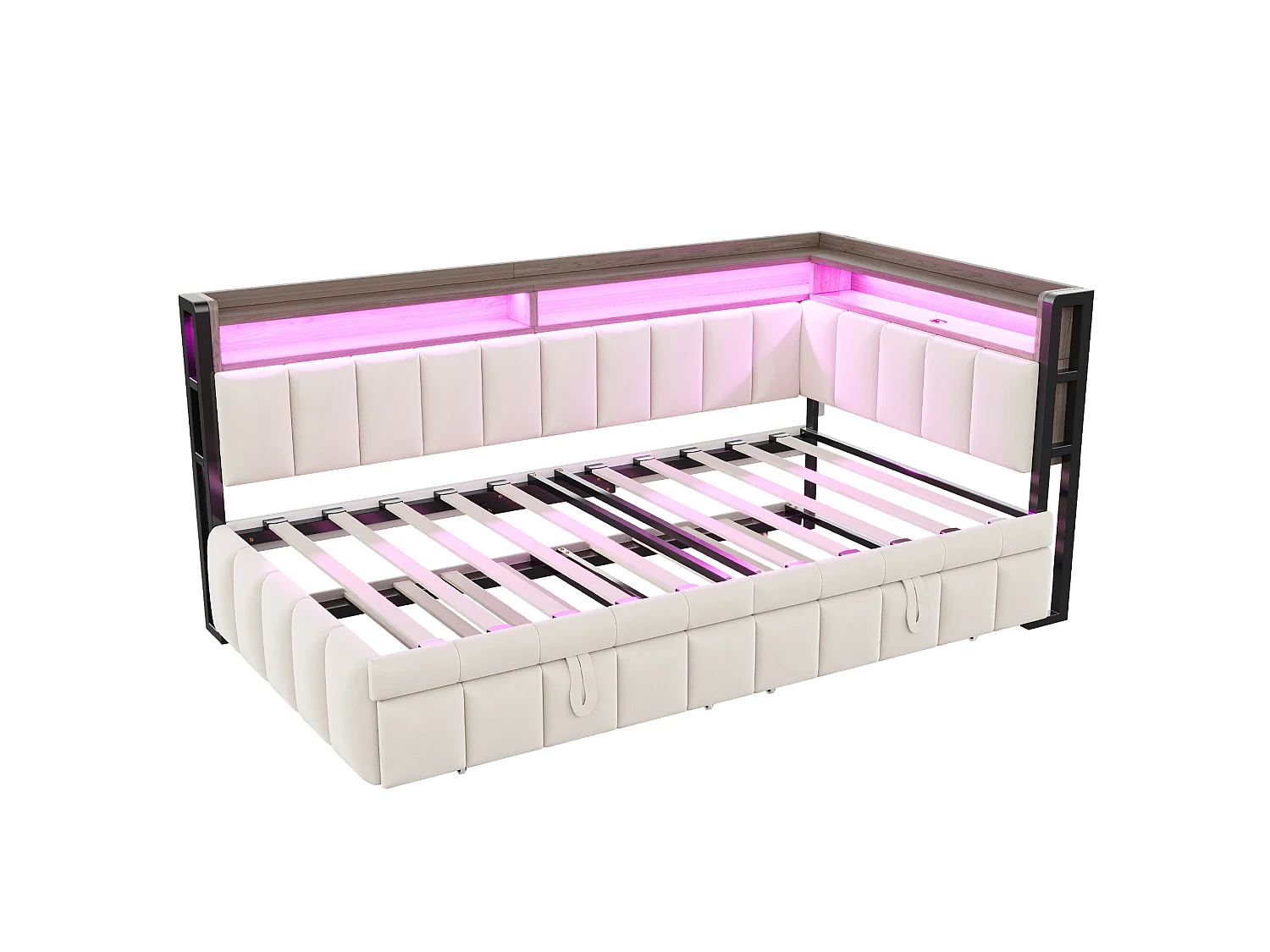 Canapé-lit 90 x 200 cm – avec lit gigogne – avec éclairage LED – avec ports USB et Type-C – beige (matelas non inclus)
