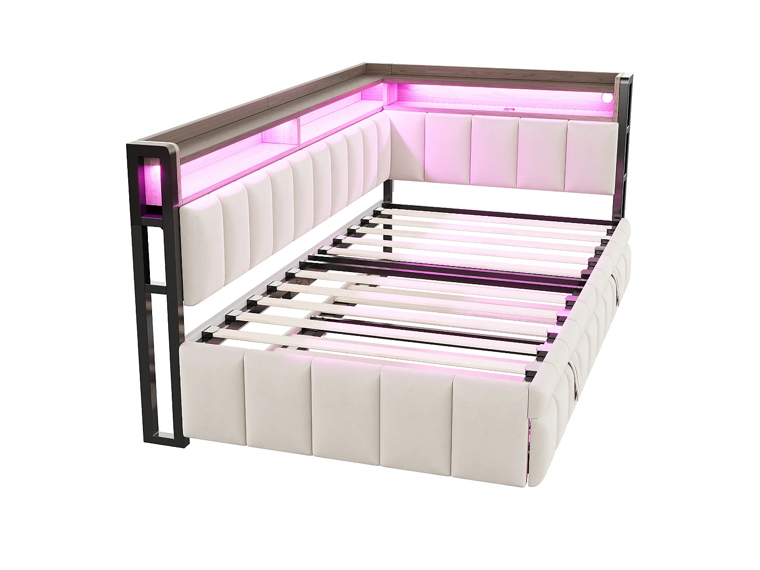 Canapé-lit 90 x 200 cm – avec lit gigogne – avec éclairage LED – avec ports USB et Type-C – beige (matelas non inclus)