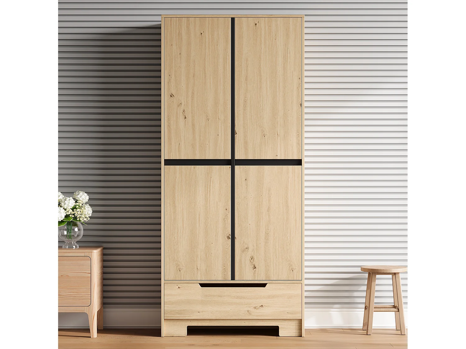 Küchenbuffet 80x35x180cm – mit 4 Türen und 1 Schublade – Aufbewahrungshalter für Tür und verstellbare Innenregale – Natur