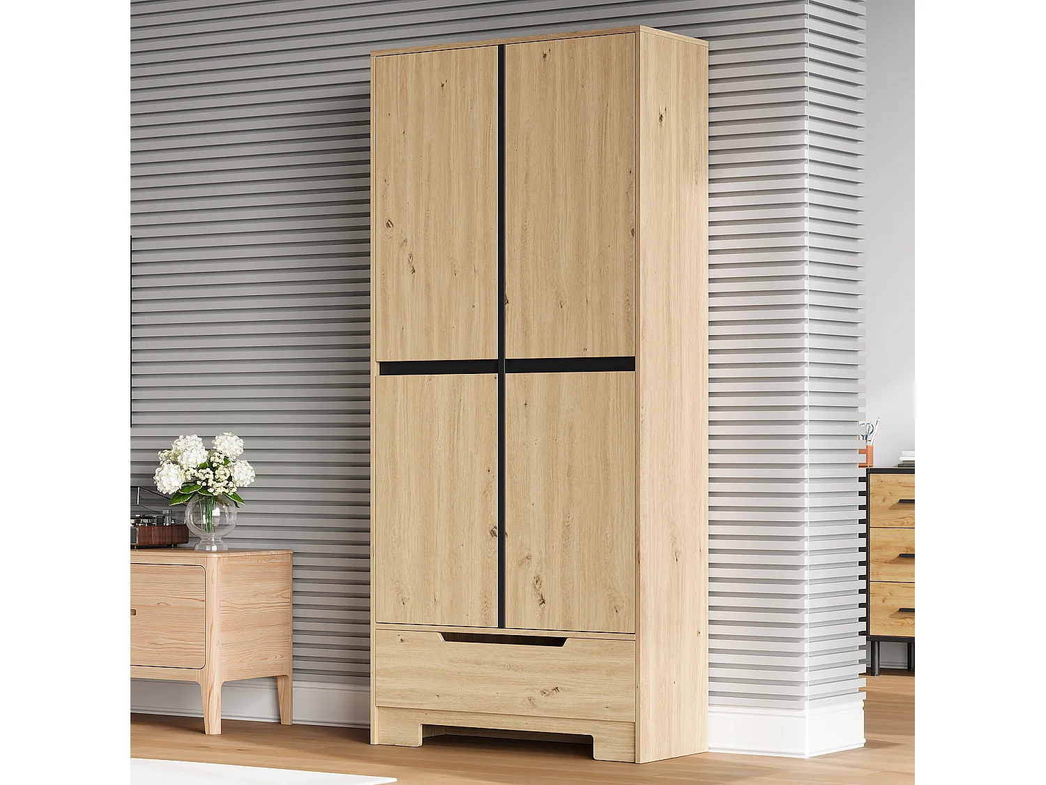 Küchenbuffet 80x35x180cm – mit 4 Türen und 1 Schublade – Aufbewahrungshalter für Tür und verstellbare Innenregale – Natur