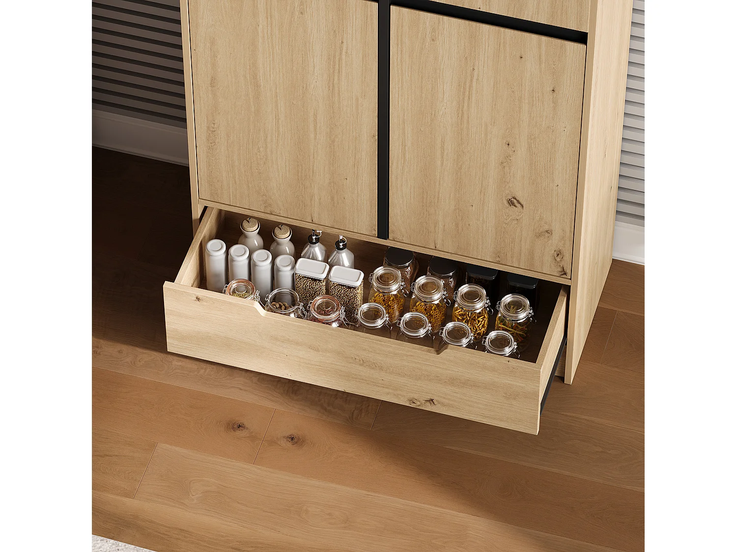 Küchenbuffet 80x35x180cm – mit 4 Türen und 1 Schublade – Aufbewahrungshalter für Tür und verstellbare Innenregale – Natur