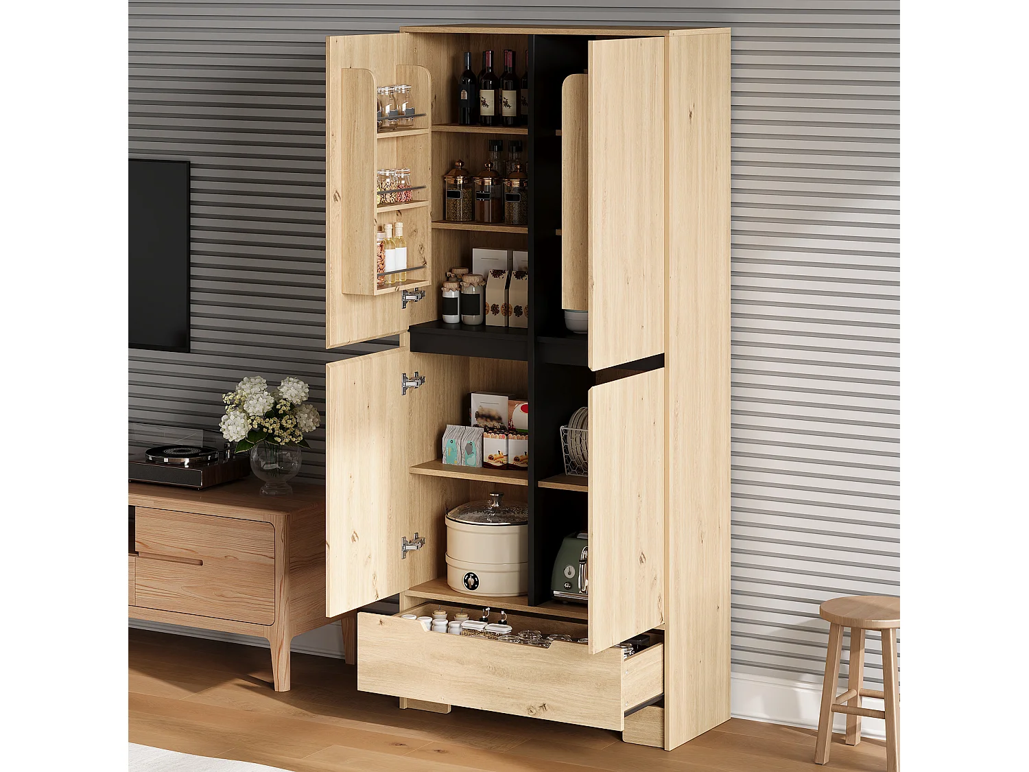 Küchenbuffet 80x35x180cm – mit 4 Türen und 1 Schublade – Aufbewahrungshalter für Tür und verstellbare Innenregale – Natur