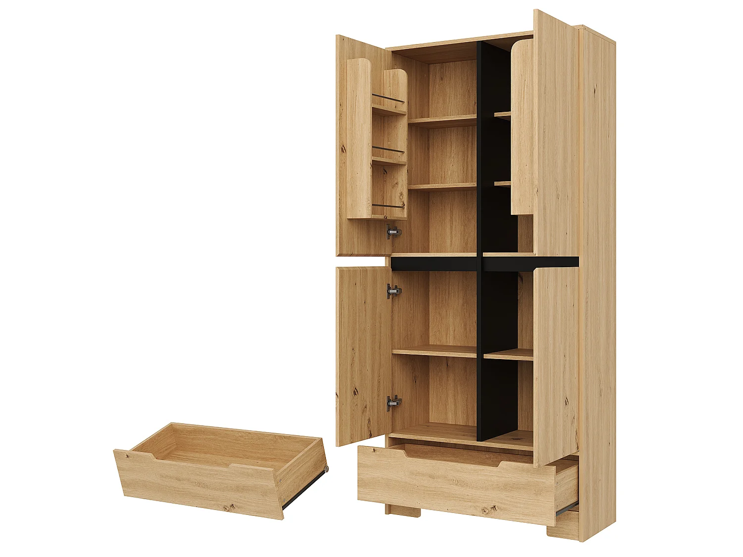 Küchenbuffet 80x35x180cm – mit 4 Türen und 1 Schublade – Aufbewahrungshalter für Tür und verstellbare Innenregale – Natur