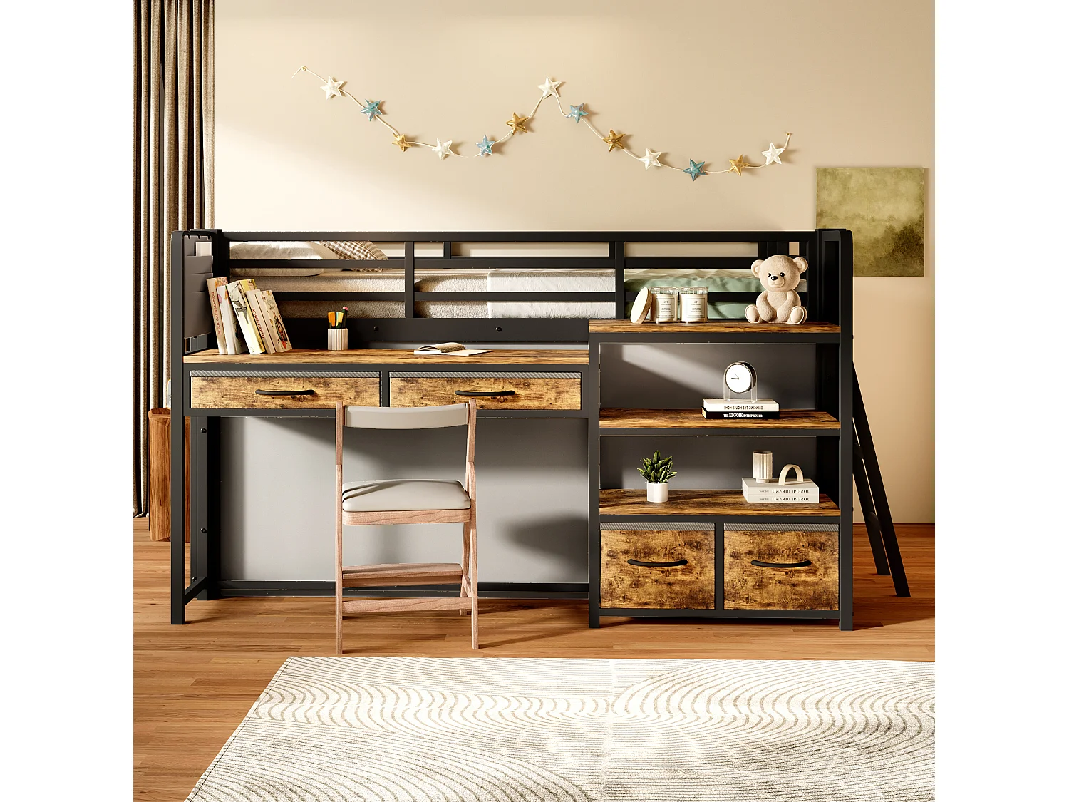 Metall-Hochbett 140x200 cm – Mit Schreibtisch und 4 Schubladen – Regale und LED-Beleuchtung – Sicherheitsgitter – Schwarz(ohne Matratze)