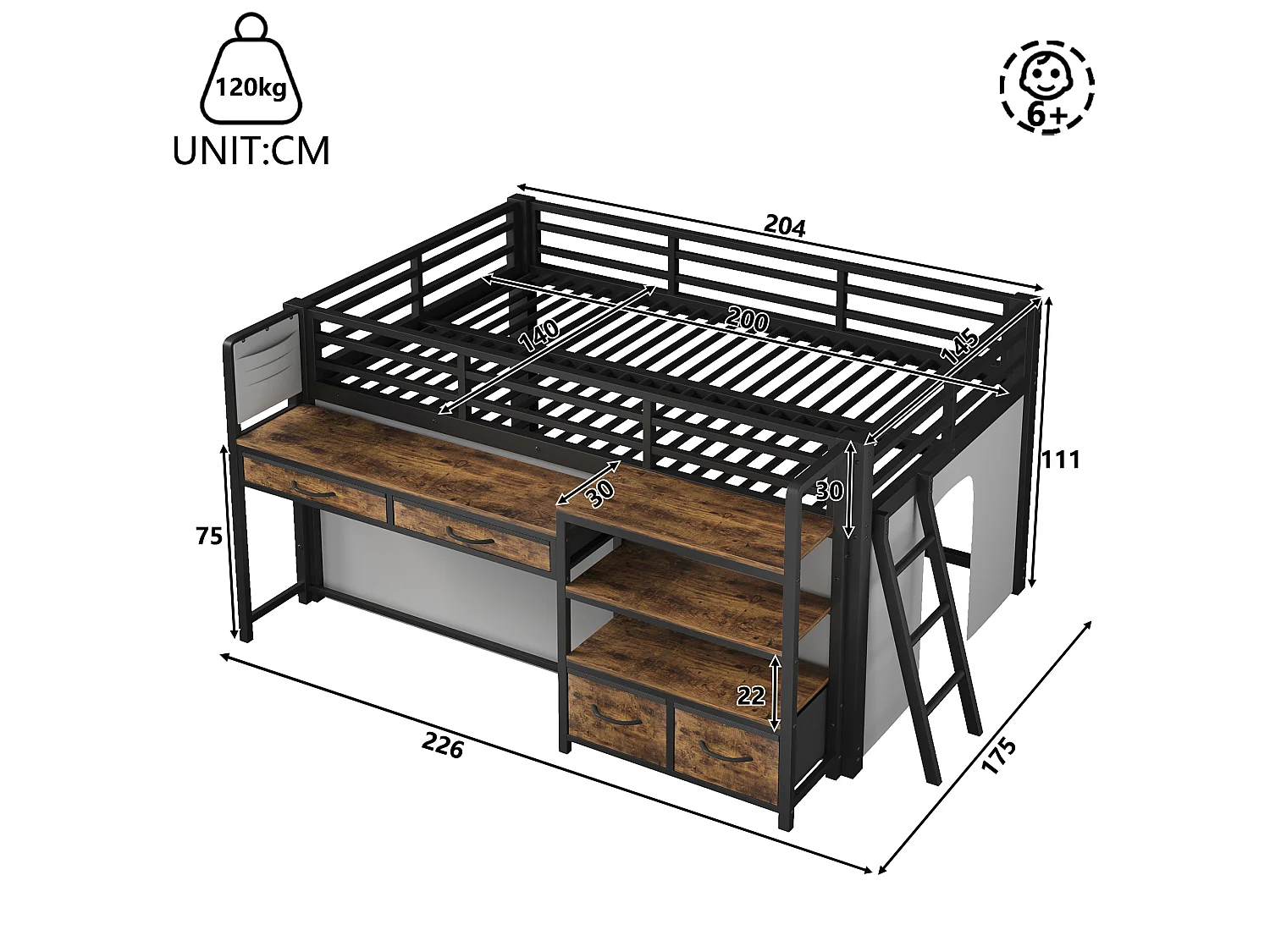 Metall-Hochbett 140x200 cm – Mit Schreibtisch und 4 Schubladen – Regale und LED-Beleuchtung – Sicherheitsgitter – Schwarz(ohne Matratze)
