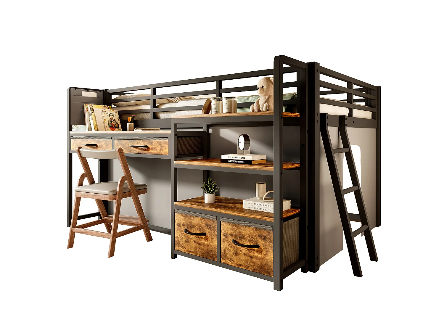 Metall-Hochbett 140x200 cm – Mit Schreibtisch und 4 Schubladen – Regale und LED-Beleuchtung – Sicherheitsgitter – Schwarz(ohne Matratze)
