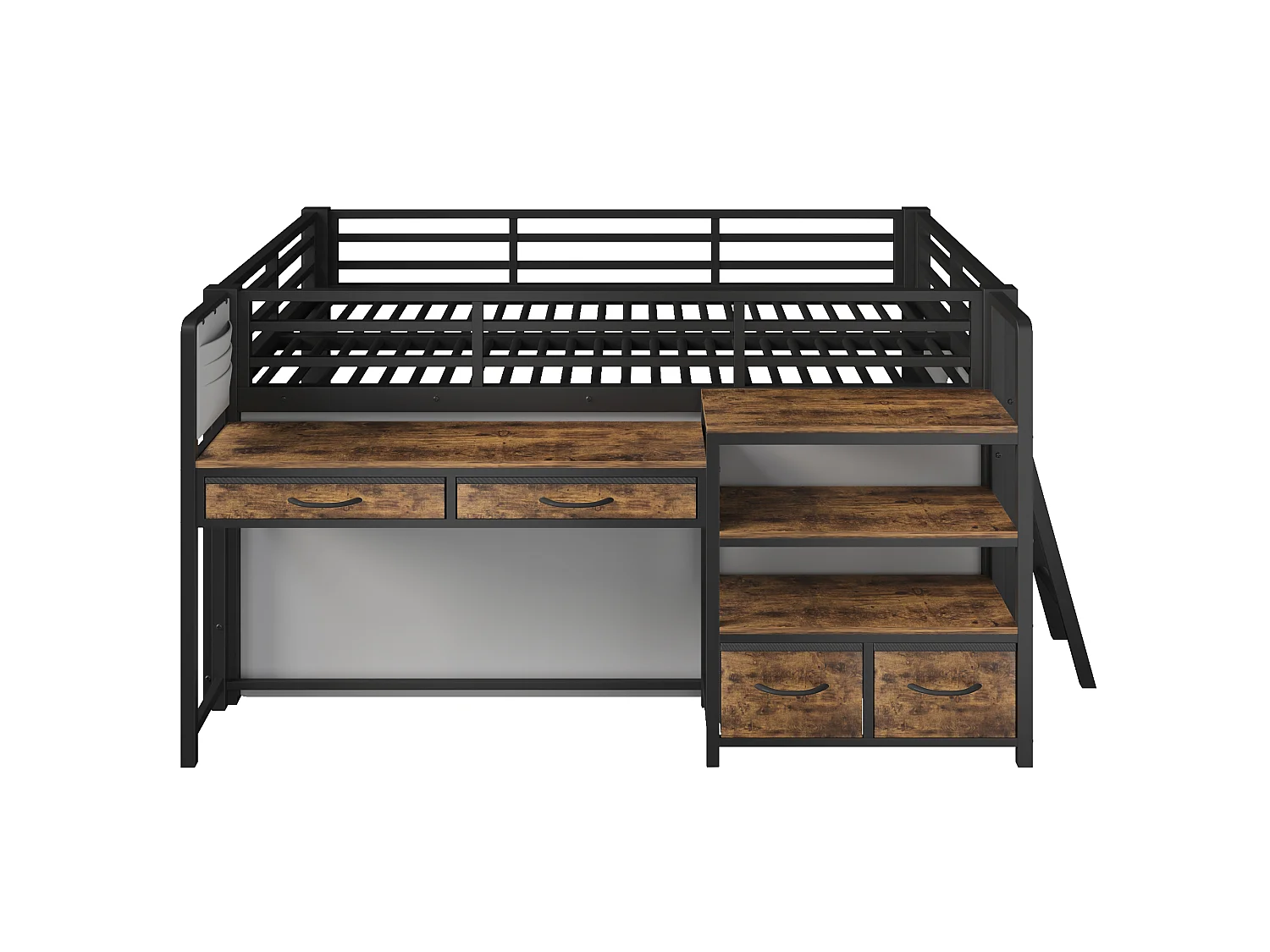 Metall-Hochbett 140x200 cm – Mit Schreibtisch und 4 Schubladen – Regale und LED-Beleuchtung – Sicherheitsgitter – Schwarz(ohne Matratze)