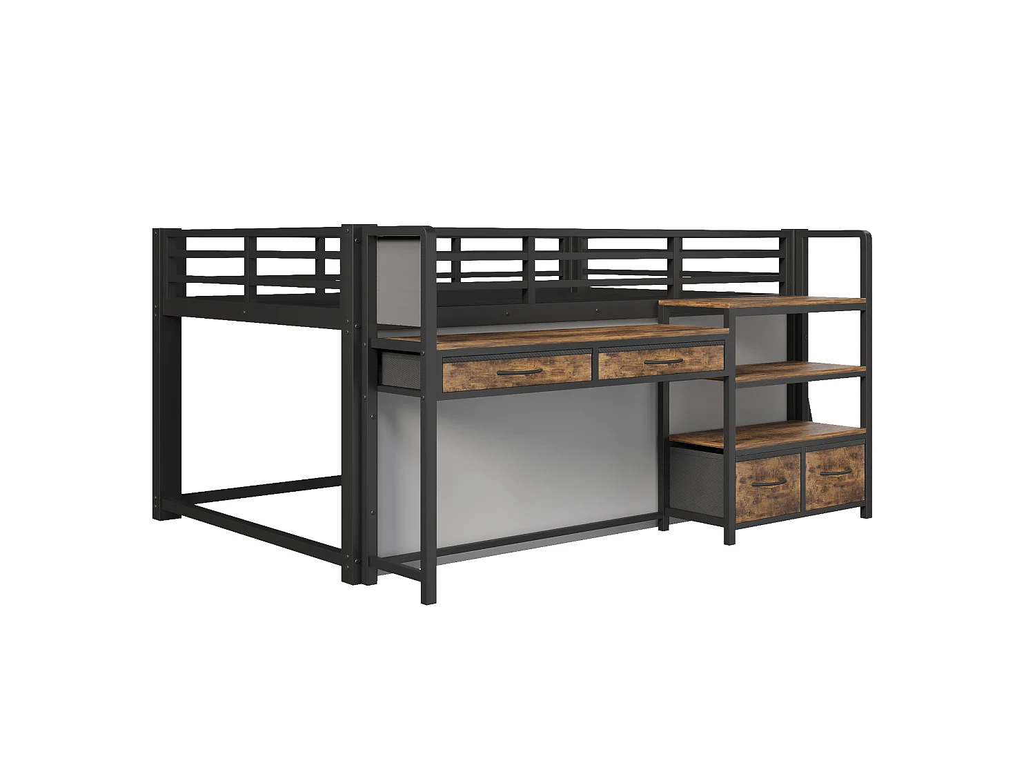 Metall-Hochbett 140x200 cm – Mit Schreibtisch und 4 Schubladen – Regale und LED-Beleuchtung – Sicherheitsgitter – Schwarz(ohne Matratze)