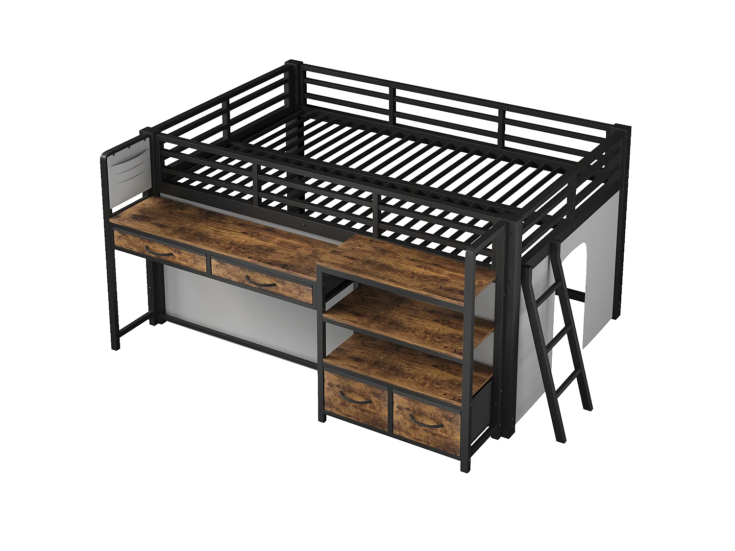 Metall-Hochbett 140x200 cm – Mit Schreibtisch und 4 Schubladen – Regale und LED-Beleuchtung – Sicherheitsgitter – Schwarz(ohne Matratze)