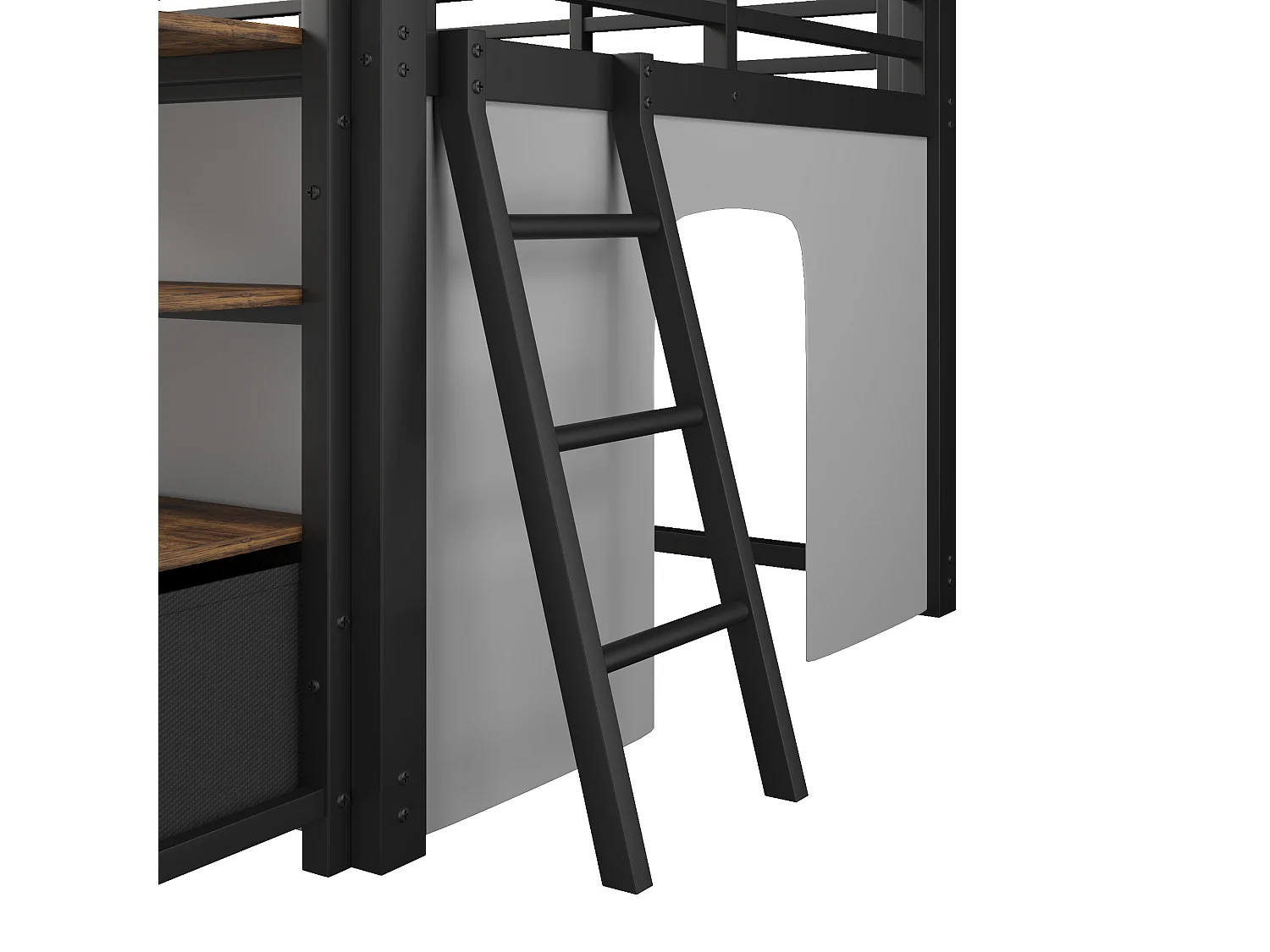 Metall-Hochbett 140x200 cm – Mit Schreibtisch und 4 Schubladen – Regale und LED-Beleuchtung – Sicherheitsgitter – Schwarz(ohne Matratze)