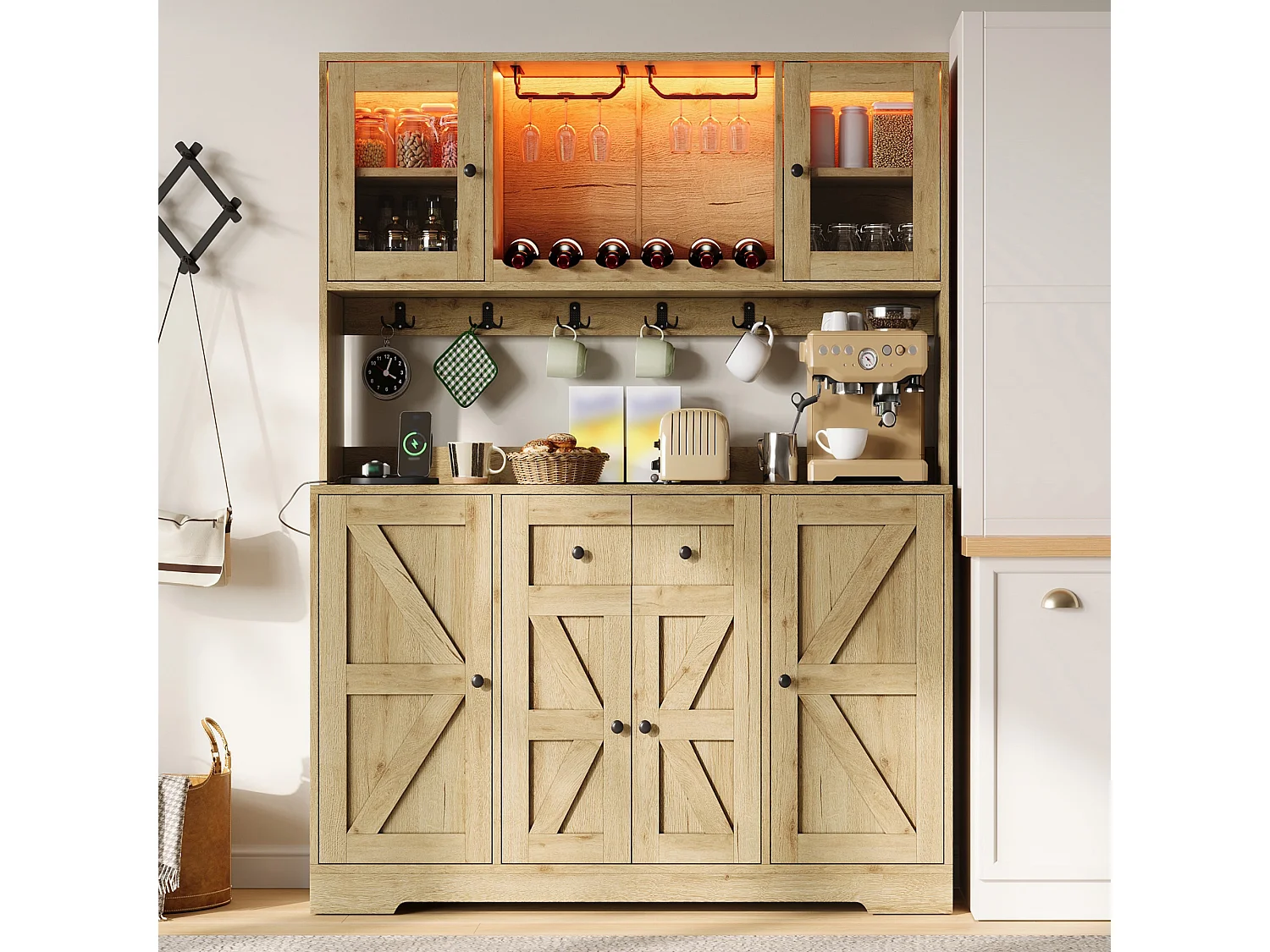 Küchenbuffet 140x40x173cm - mit 6 Türen - mit LED-Beleuchtung und Steckdose - Weinfächer und Weinglashalter - Natur