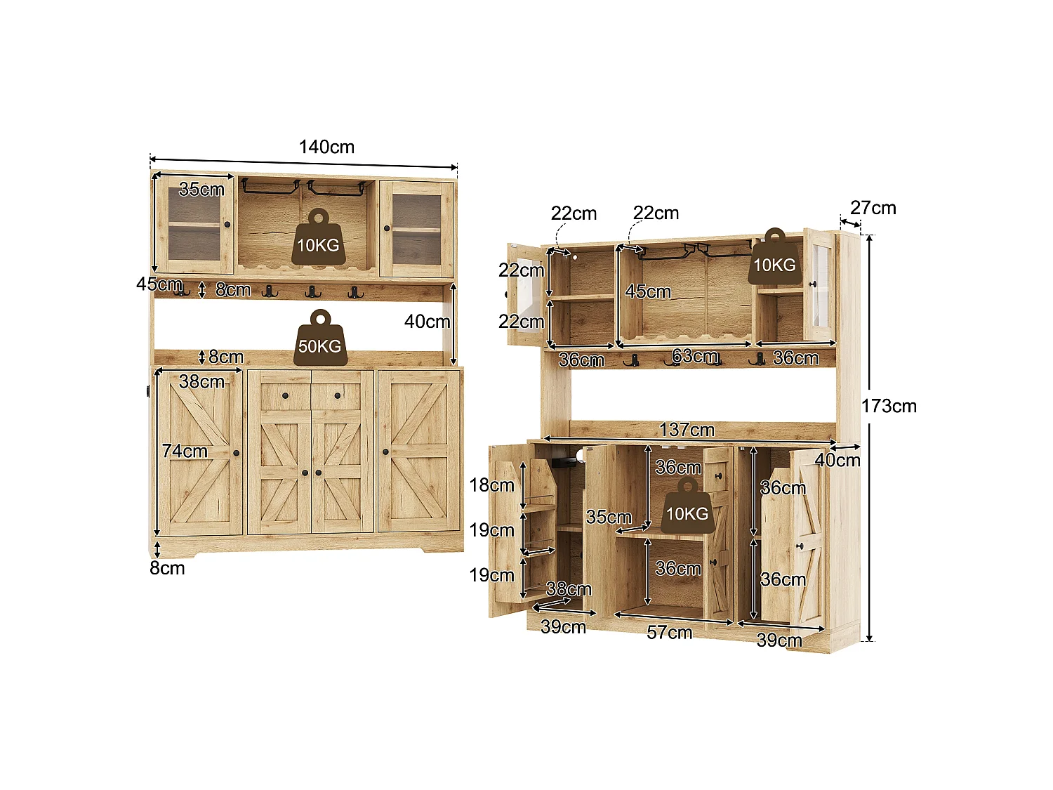 Küchenbuffet 140x40x173cm - mit 6 Türen - mit LED-Beleuchtung und Steckdose - Weinfächer und Weinglashalter - Natur