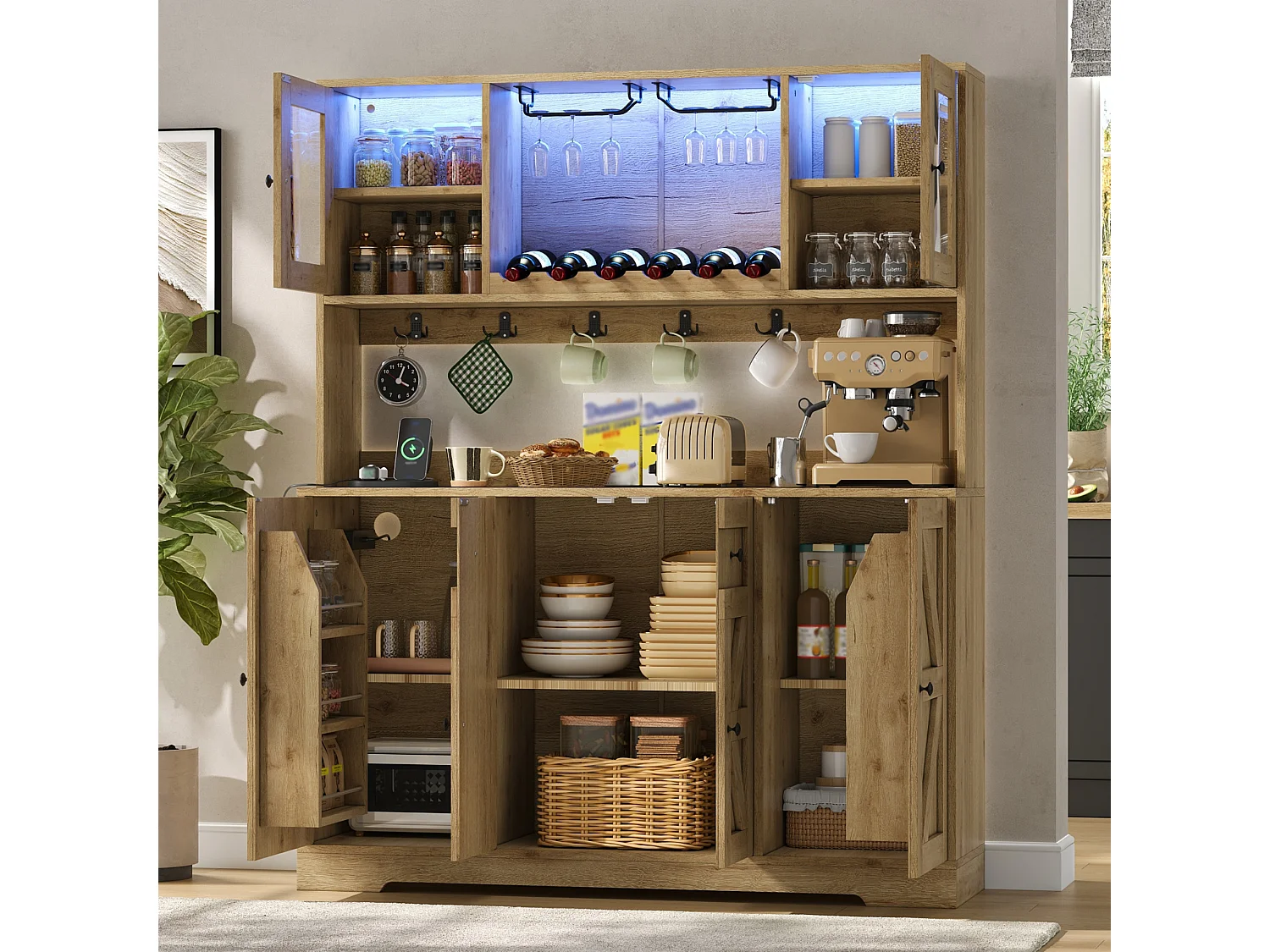 Küchenbuffet 140x40x173cm - mit 6 Türen - mit LED-Beleuchtung und Steckdose - Weinfächer und Weinglashalter - Natur