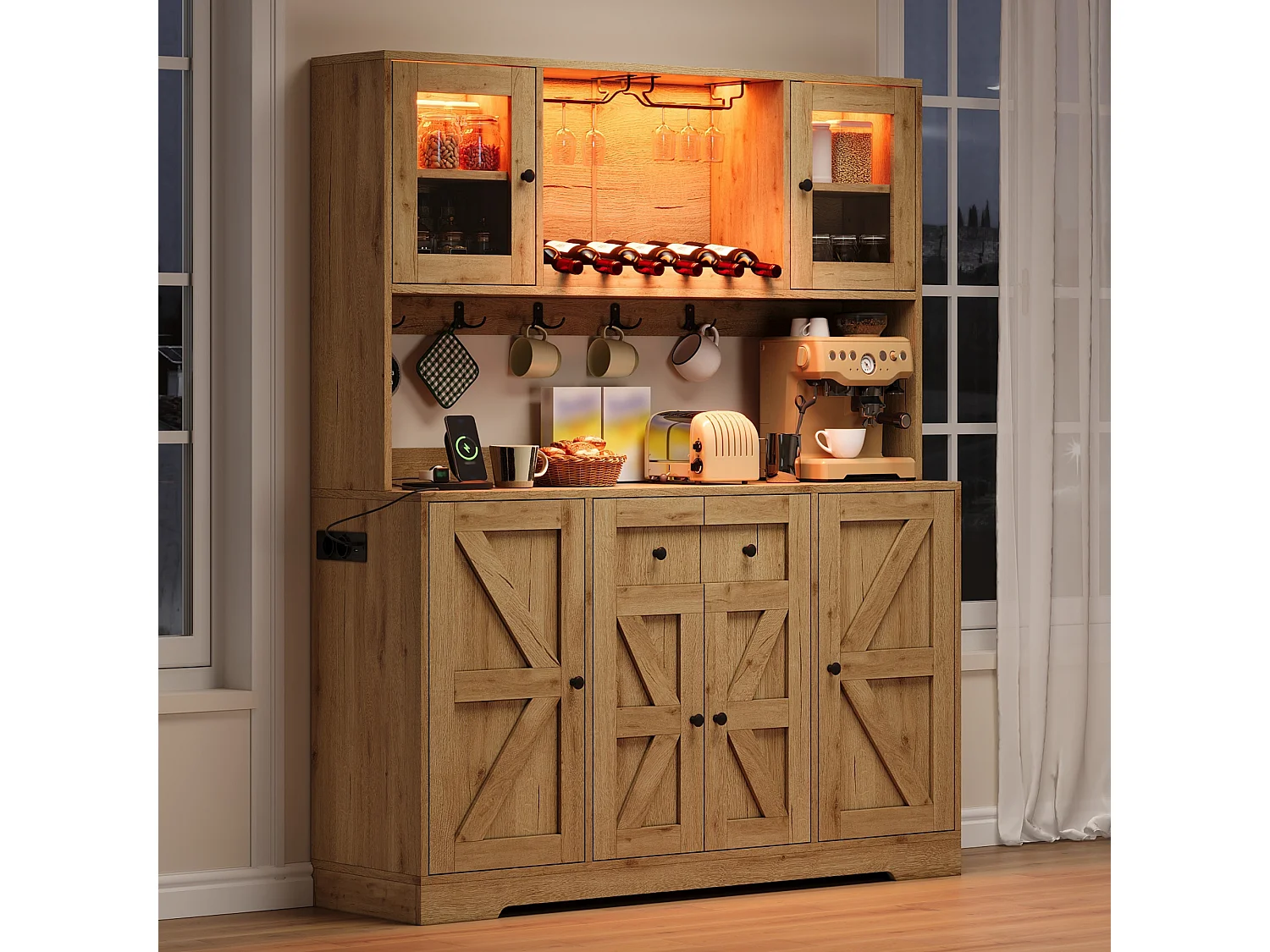 Küchenbuffet 140x40x173cm - mit 6 Türen - mit LED-Beleuchtung und Steckdose - Weinfächer und Weinglashalter - Natur
