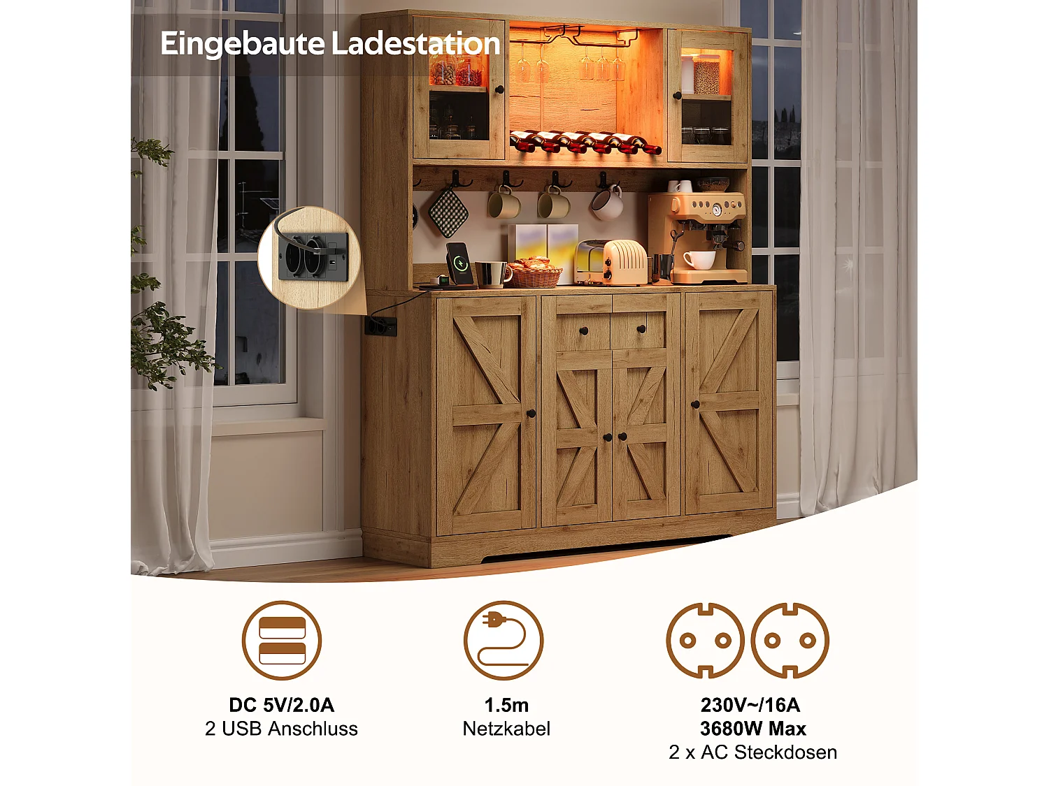 Küchenbuffet 140x40x173cm - mit 6 Türen - mit LED-Beleuchtung und Steckdose - Weinfächer und Weinglashalter - Natur