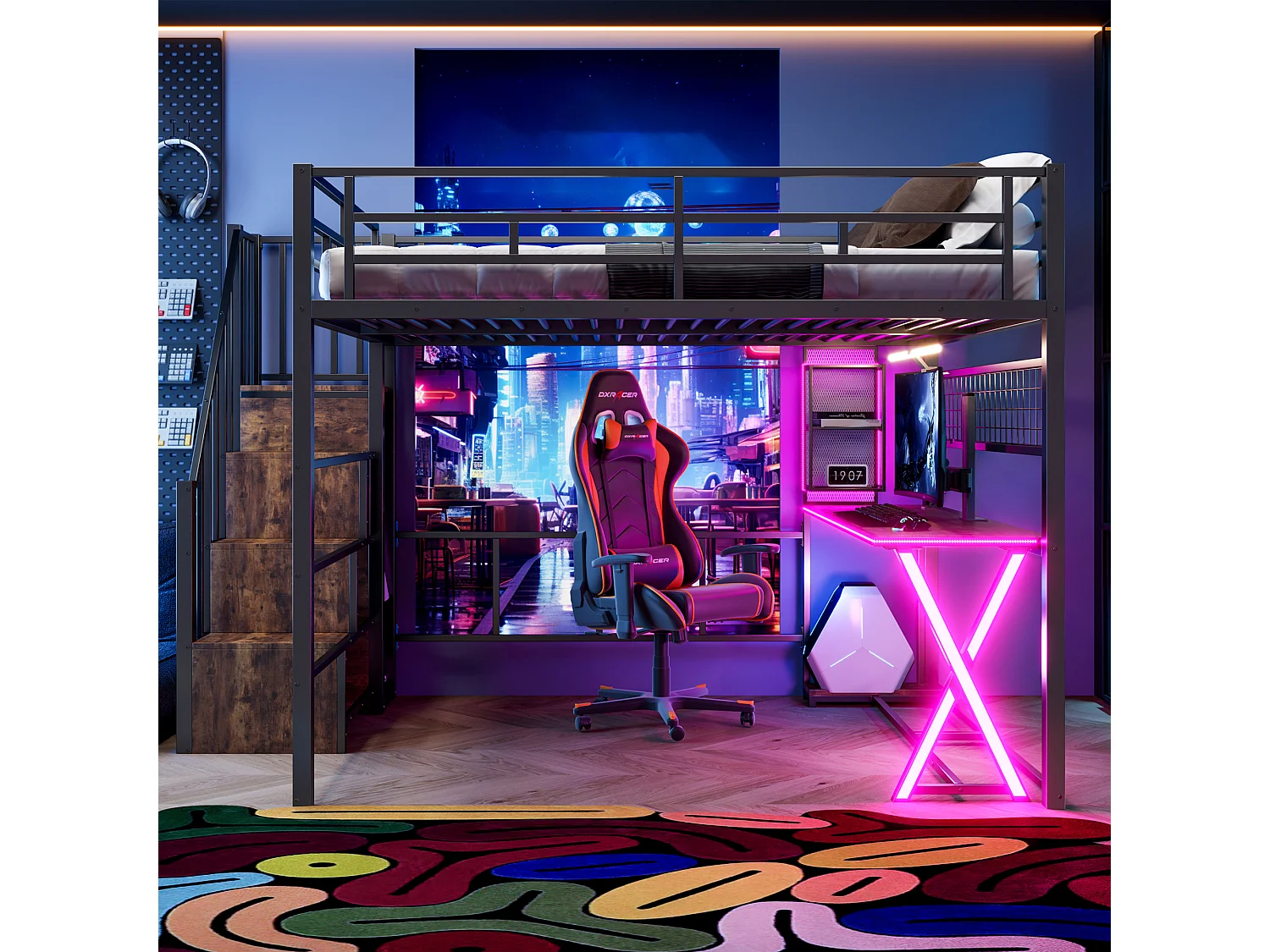 Lit mezzanine 160 x 200 cm – avec éclairage LED – échelle avec rangements – avec bureau – noir (matelas non inclus)
