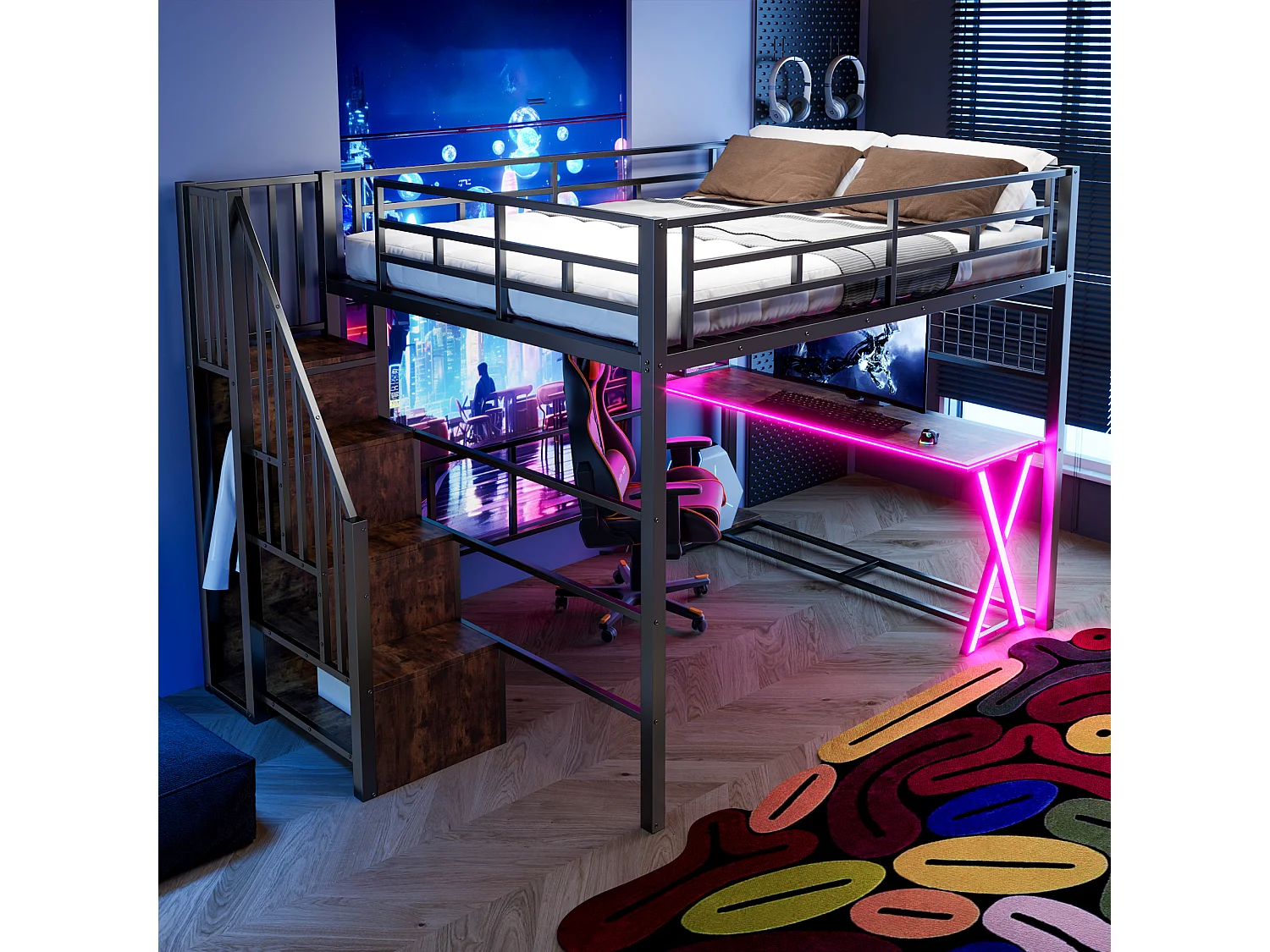 Lit mezzanine 160 x 200 cm – avec éclairage LED – échelle avec rangements – avec bureau – noir (matelas non inclus)