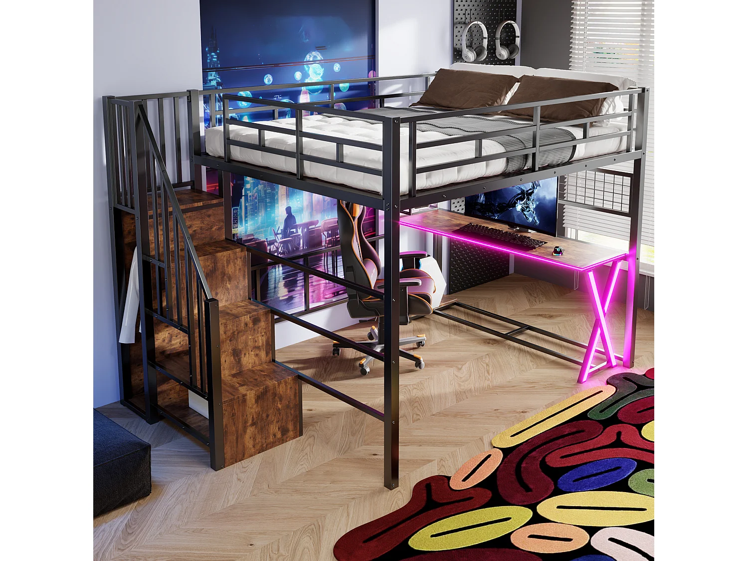 Lit mezzanine 160 x 200 cm – avec éclairage LED – échelle avec rangements – avec bureau – noir (matelas non inclus)