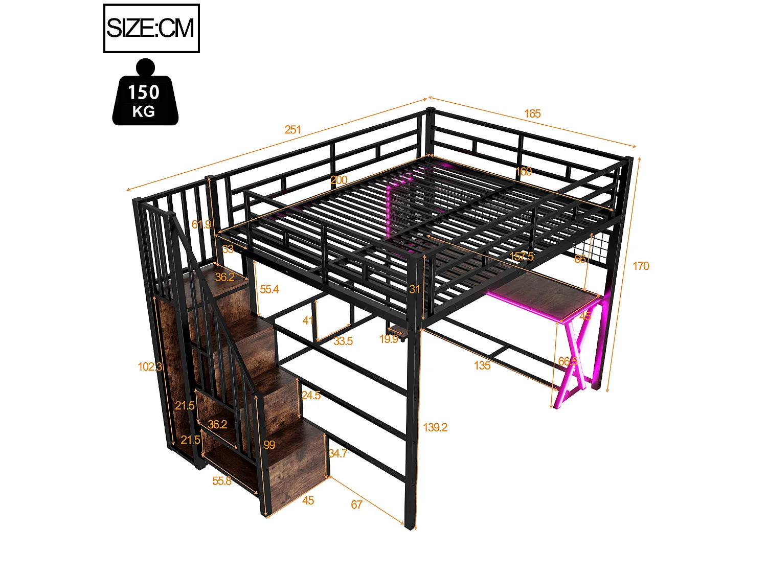 Lit mezzanine 160 x 200 cm – avec éclairage LED – échelle avec rangements – avec bureau – noir (matelas non inclus)