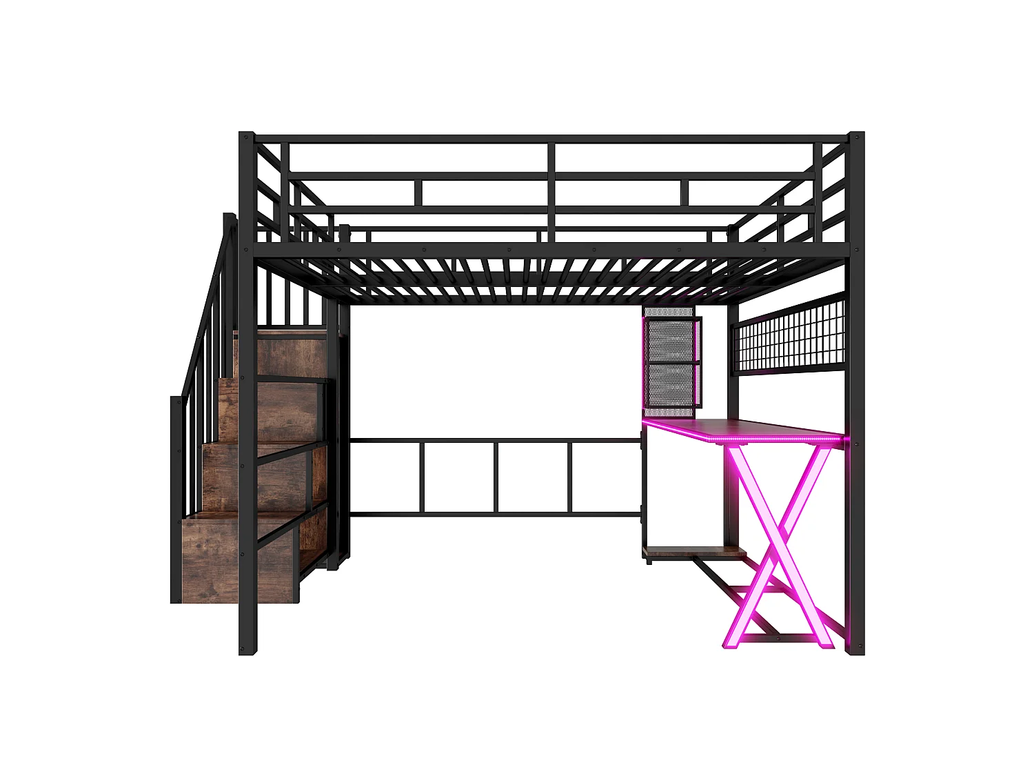 Lit mezzanine 160 x 200 cm – avec éclairage LED – échelle avec rangements – avec bureau – noir (matelas non inclus)