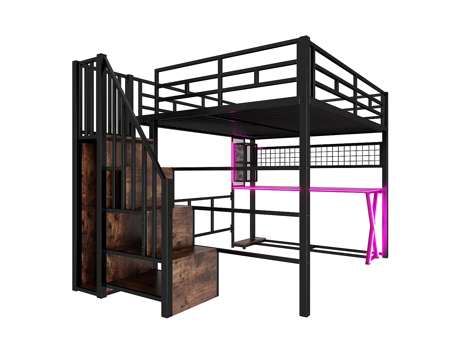 Lit mezzanine 160 x 200 cm – avec éclairage LED – échelle avec rangements – avec bureau – noir (matelas non inclus)