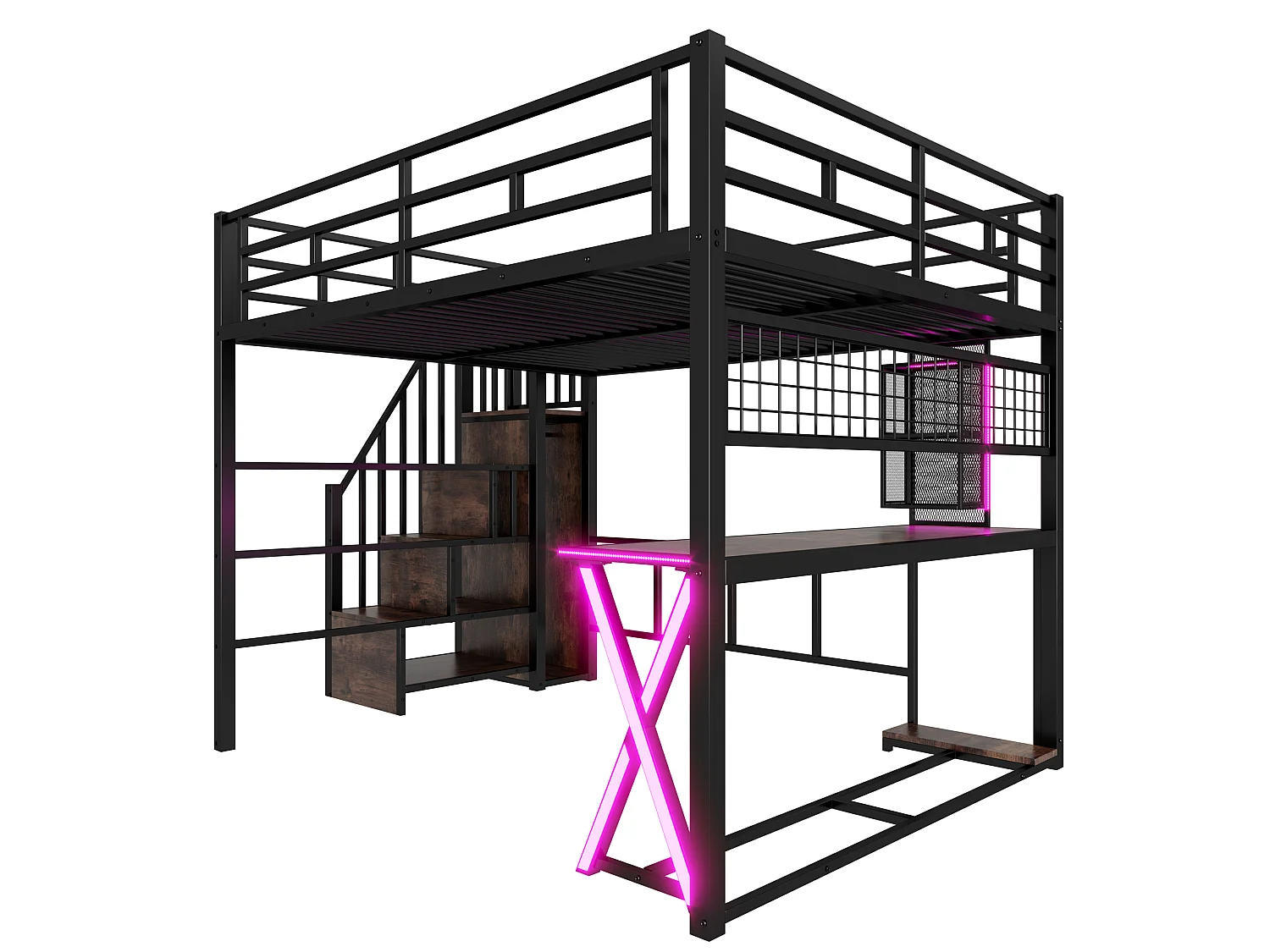 Lit mezzanine 160 x 200 cm – avec éclairage LED – échelle avec rangements – avec bureau – noir (matelas non inclus)