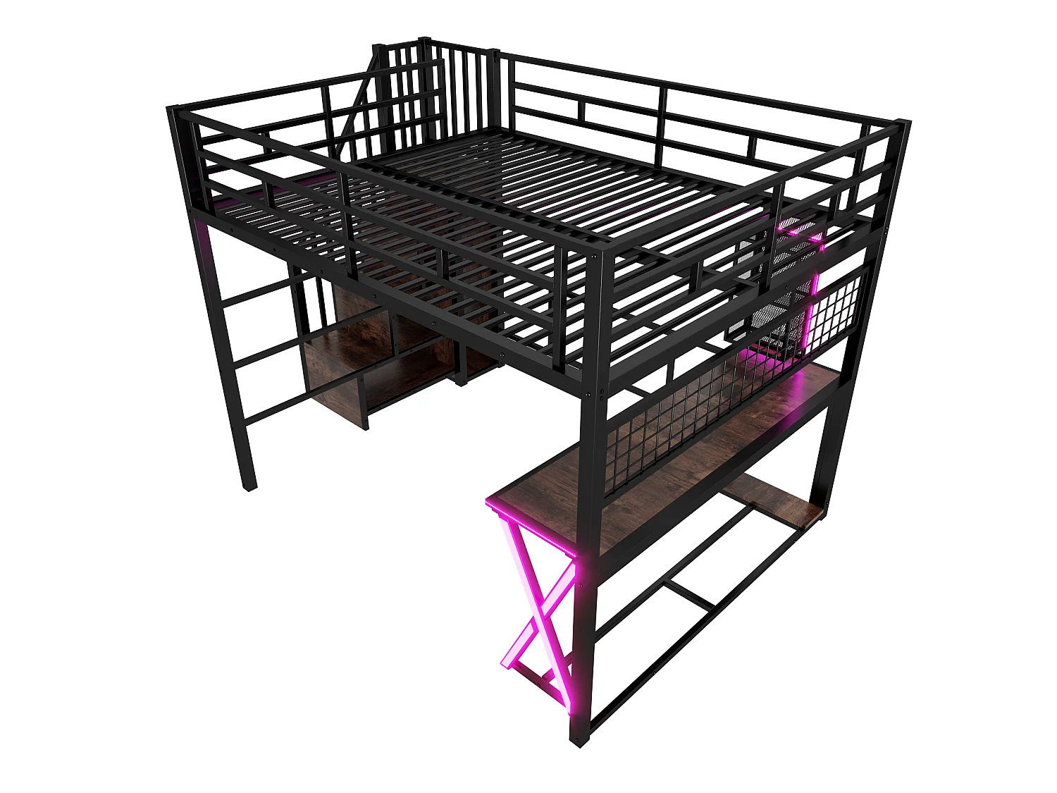 Lit mezzanine 160 x 200 cm – avec éclairage LED – échelle avec rangements – avec bureau – noir (matelas non inclus)