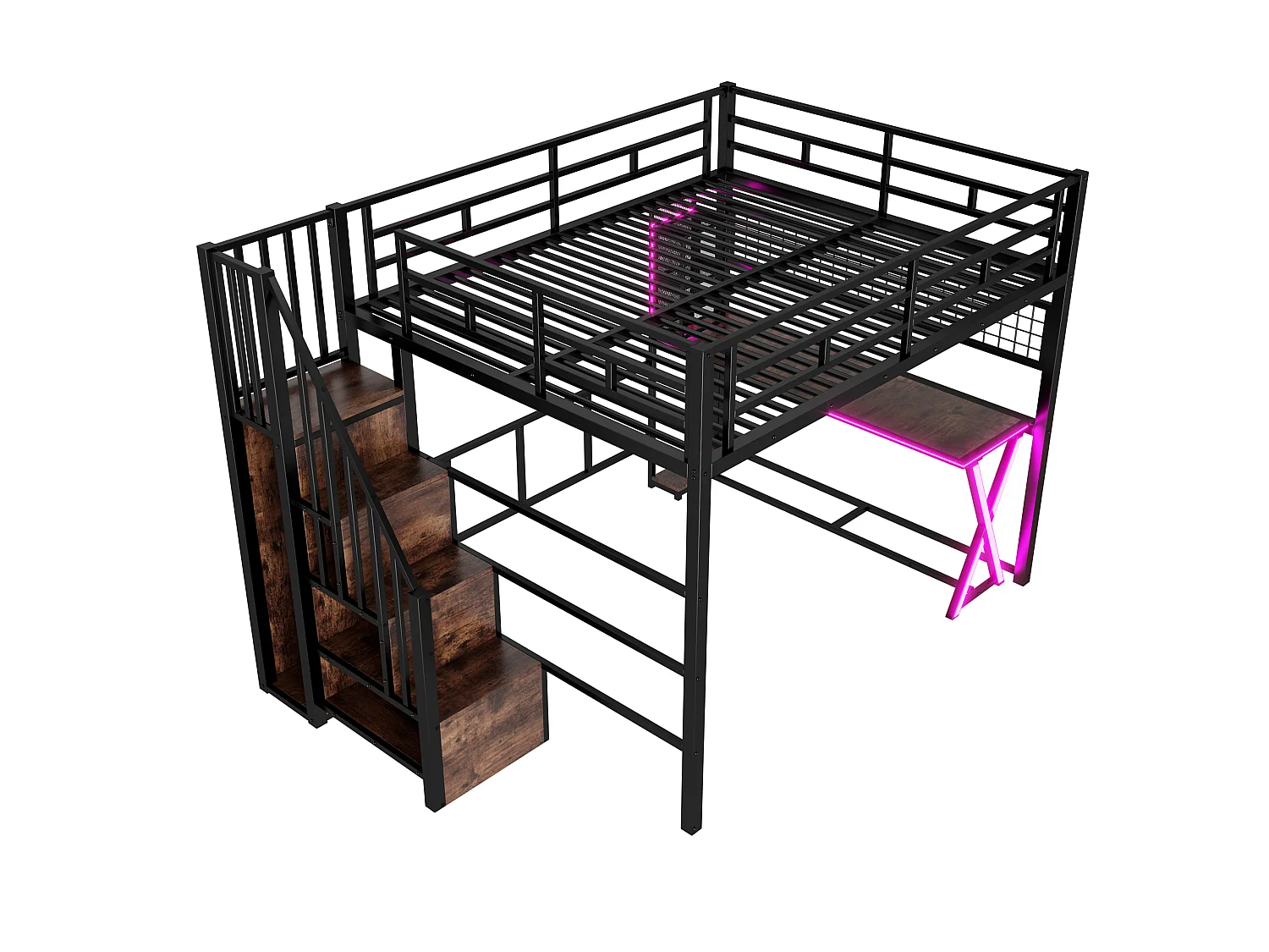 Lit mezzanine 160 x 200 cm – avec éclairage LED – échelle avec rangements – avec bureau – noir (matelas non inclus)