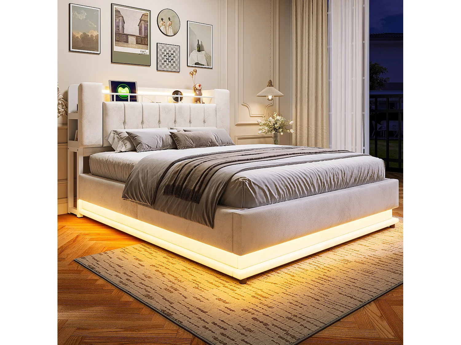 Polsterbett mit Bettkasten 160 x 200 cm – mit LED-Beleuchtung – mit USB-Anschluss – Samt – Beige (Matratze nicht enthalten)