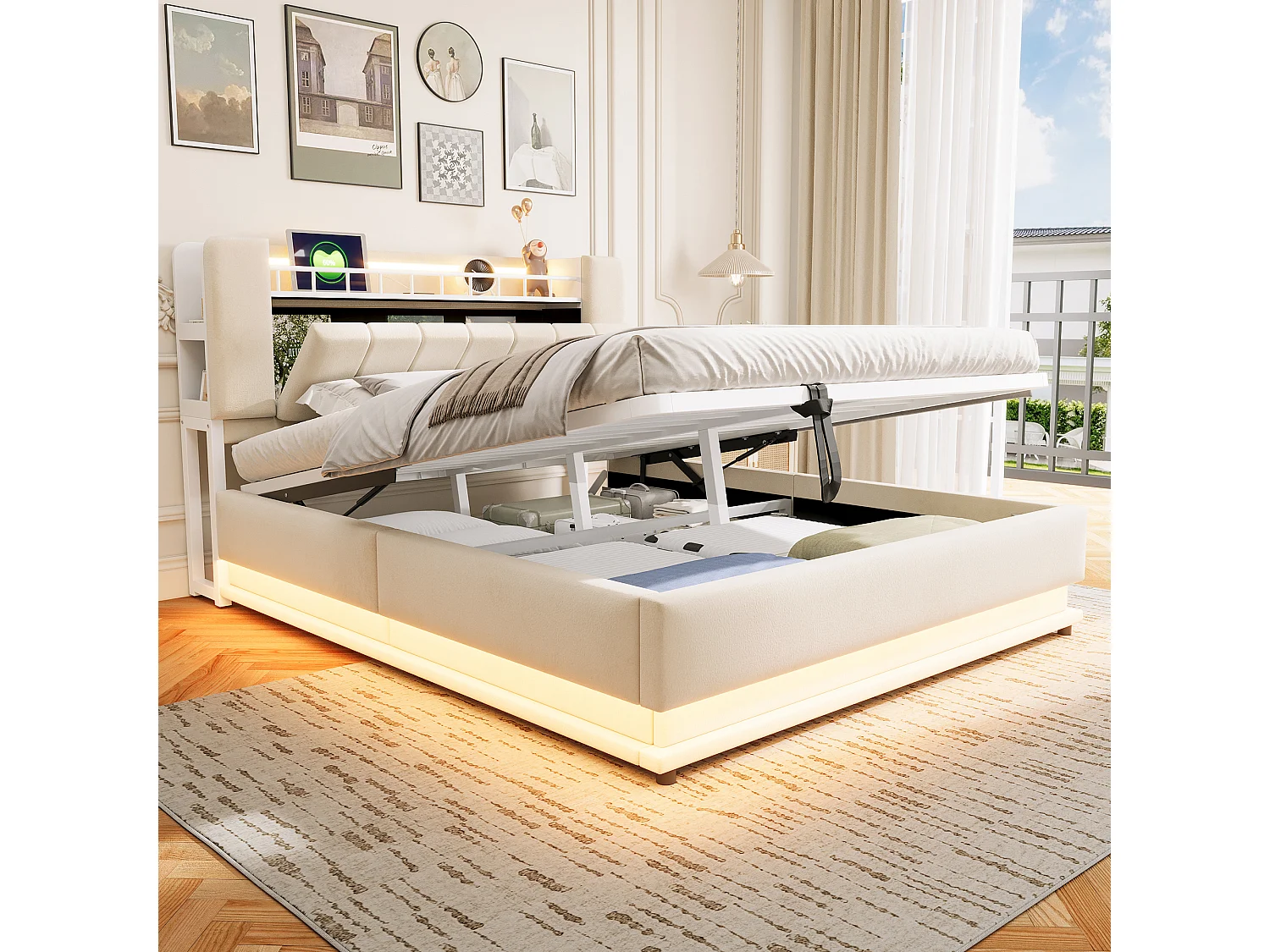 Polsterbett mit Bettkasten 160 x 200 cm – mit LED-Beleuchtung – mit USB-Anschluss – Samt – Beige (Matratze nicht enthalten)