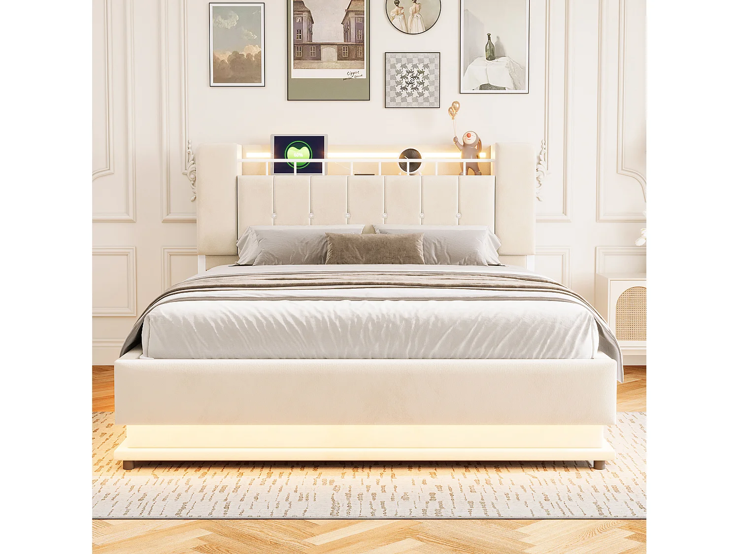 Polsterbett mit Bettkasten 160 x 200 cm – mit LED-Beleuchtung – mit USB-Anschluss – Samt – Beige (Matratze nicht enthalten)