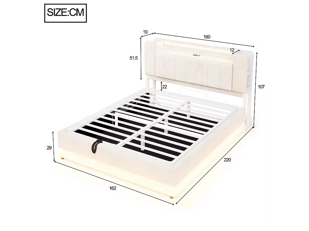 Polsterbett mit Bettkasten 160 x 200 cm – mit LED-Beleuchtung – mit USB-Anschluss – Samt – Beige (Matratze nicht enthalten)