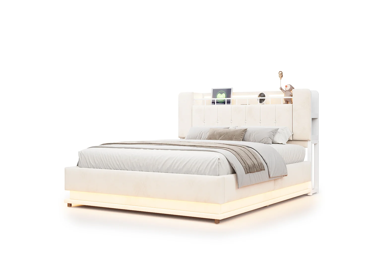Polsterbett mit Bettkasten 160 x 200 cm – mit LED-Beleuchtung – mit USB-Anschluss – Samt – Beige (Matratze nicht enthalten)