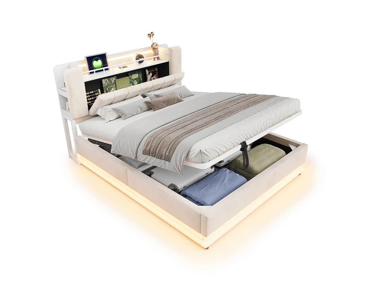 Polsterbett mit Bettkasten 160 x 200 cm – mit LED-Beleuchtung – mit USB-Anschluss – Samt – Beige (Matratze nicht enthalten)