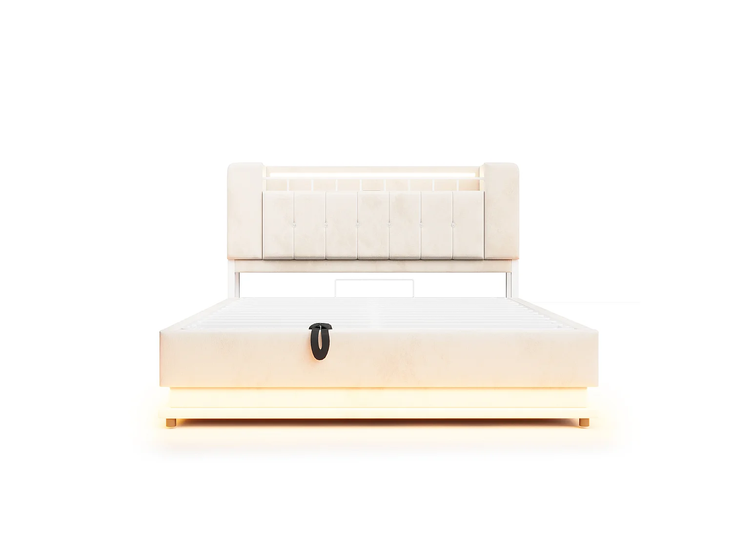 Polsterbett mit Bettkasten 160 x 200 cm – mit LED-Beleuchtung – mit USB-Anschluss – Samt – Beige (Matratze nicht enthalten)
