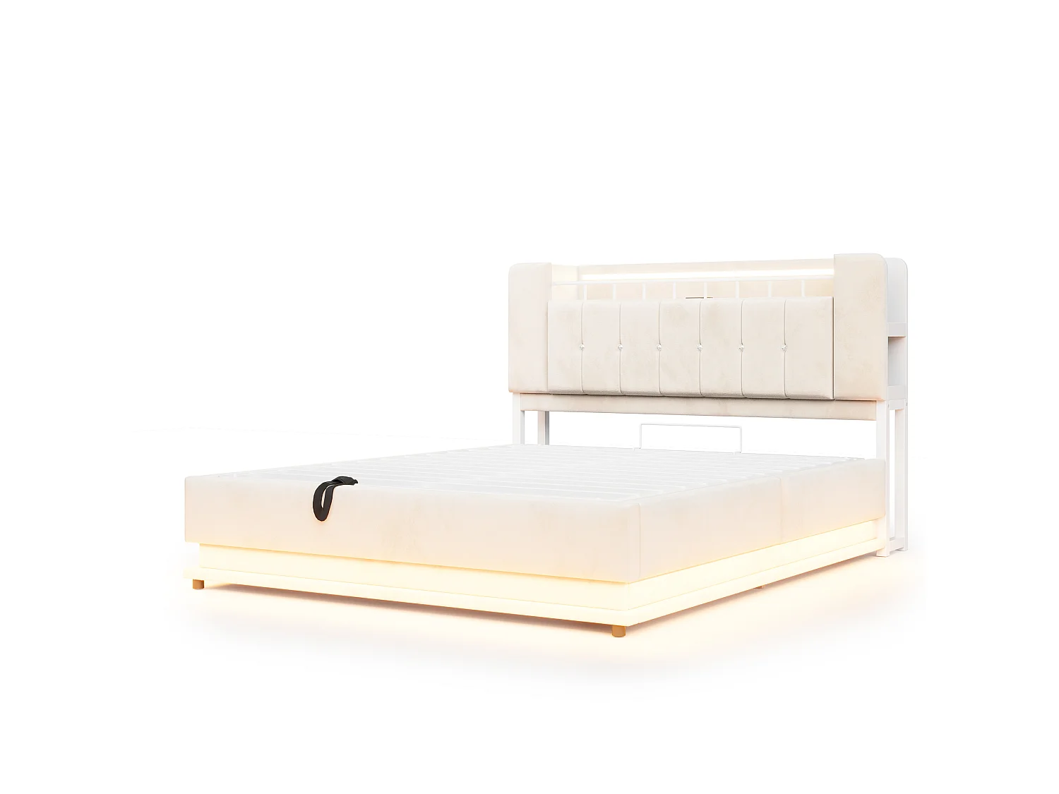 Polsterbett mit Bettkasten 160 x 200 cm – mit LED-Beleuchtung – mit USB-Anschluss – Samt – Beige (Matratze nicht enthalten)