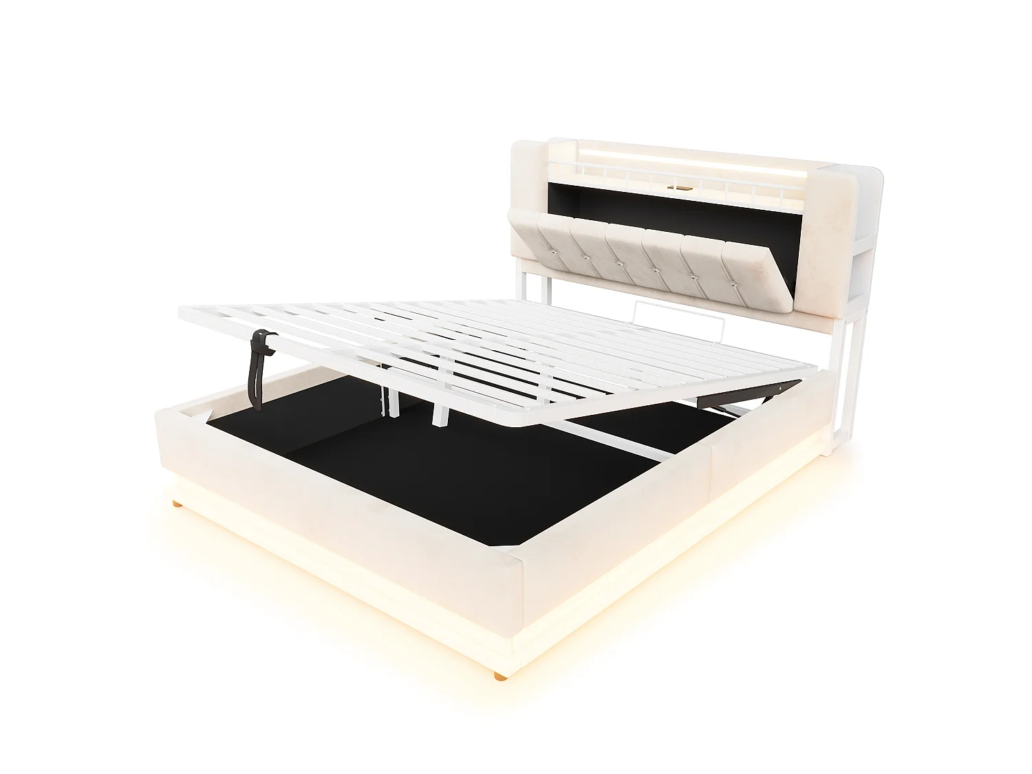 Polsterbett mit Bettkasten 160 x 200 cm – mit LED-Beleuchtung – mit USB-Anschluss – Samt – Beige (Matratze nicht enthalten)