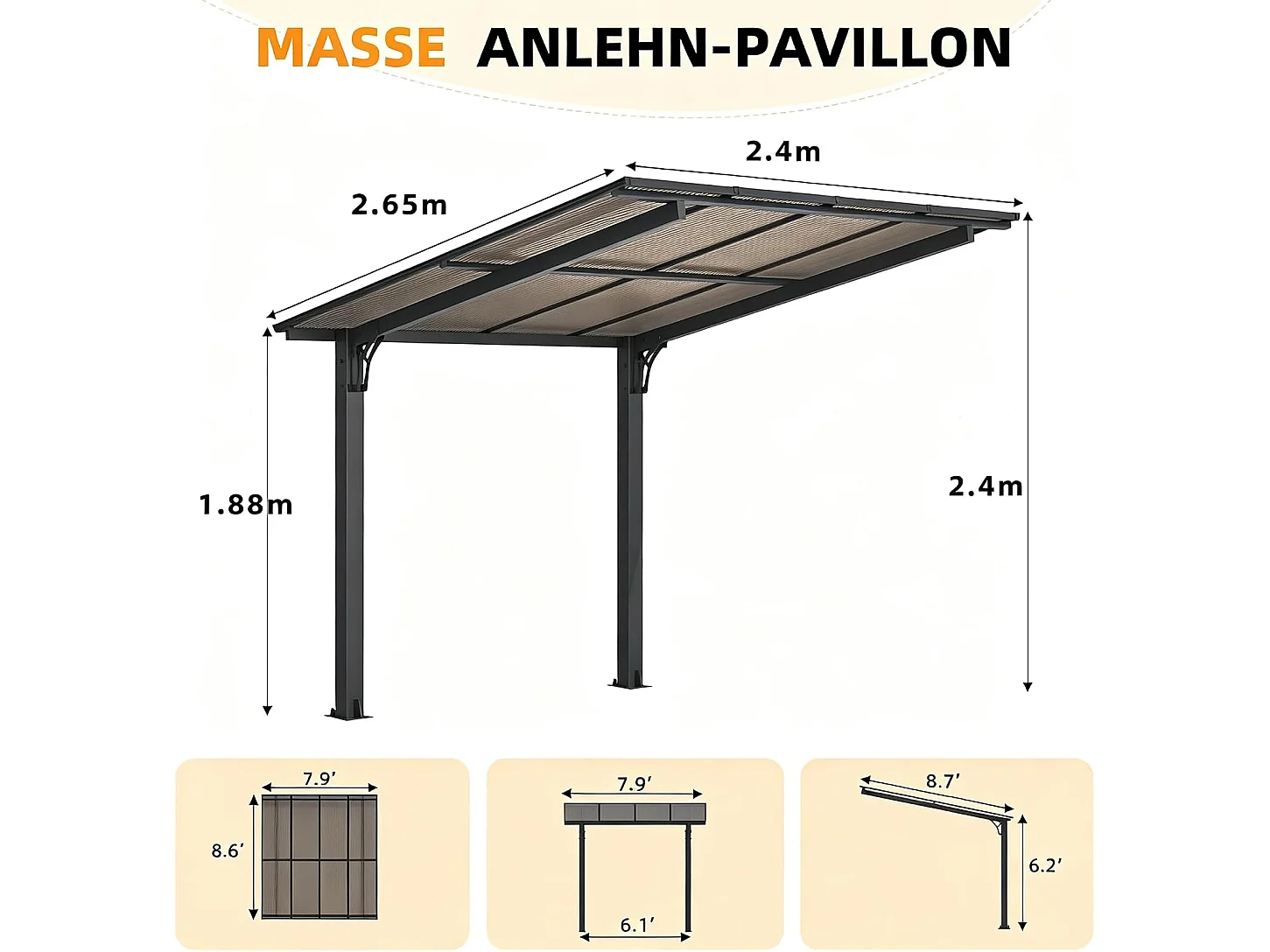 YODOLLA 2,65x2,4m freistehender Terrassenüberdachung, Hartdach-Pergola