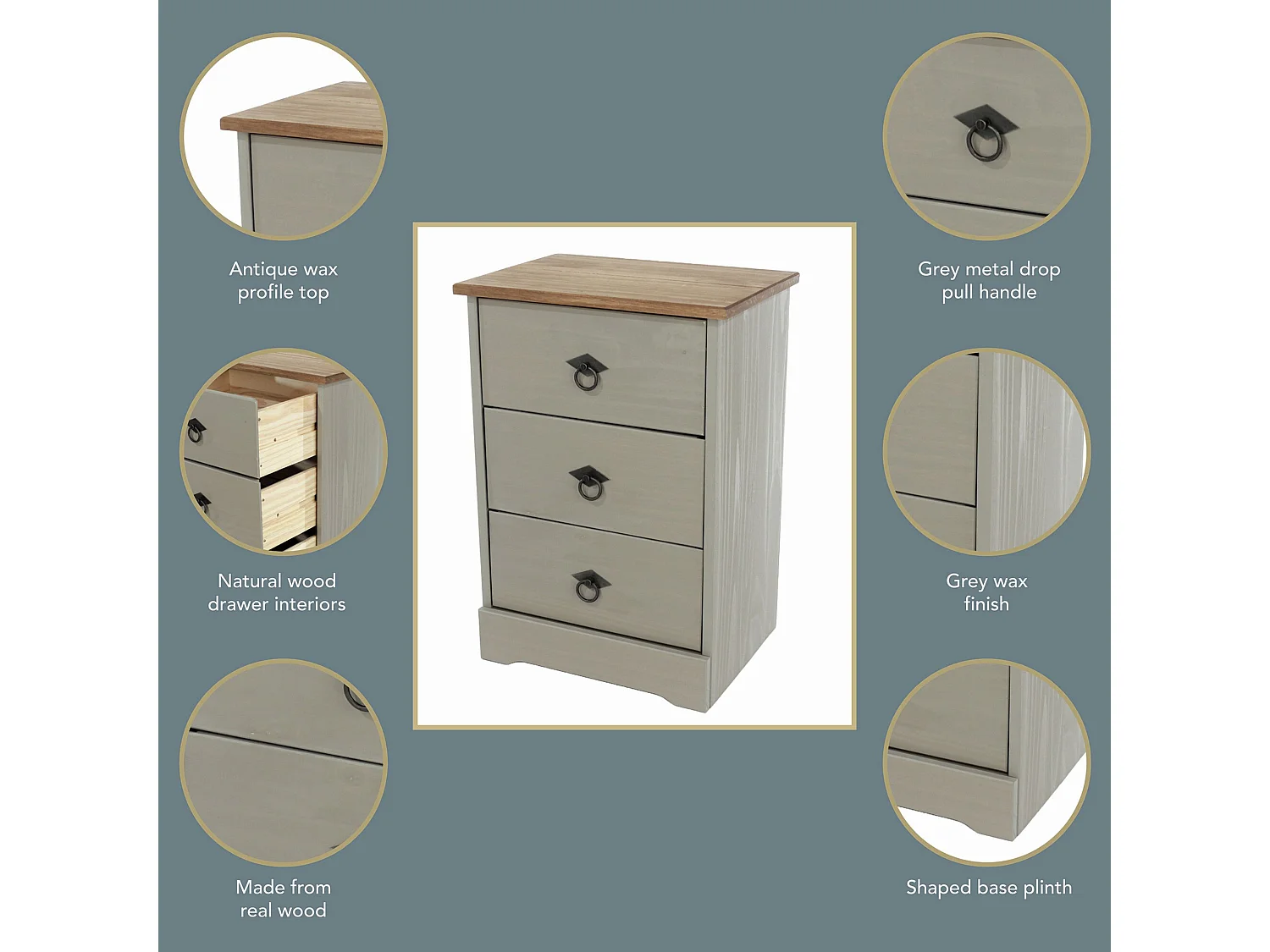 Pair of Corona Grey Modern 3-Drawer Bedside Cabinet, Set of 2