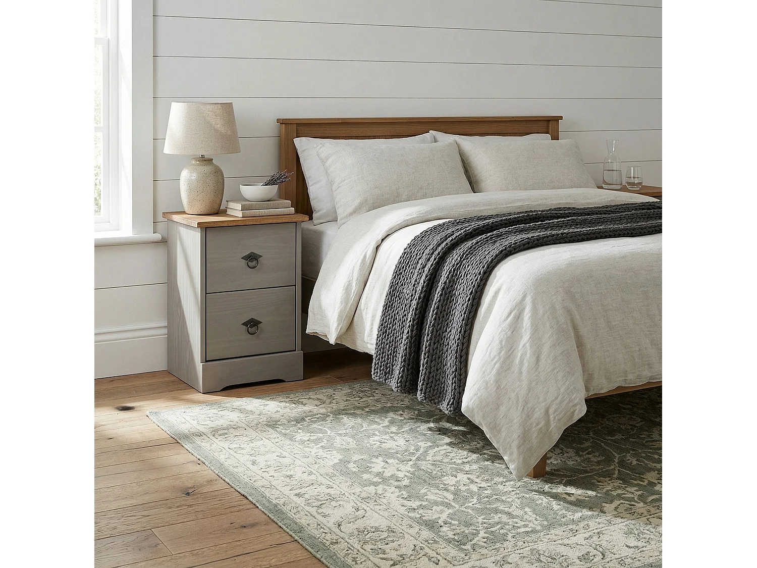 Pair of Corona Grey Modern 2-Drawer Compact Bedside Cabinet, Set of 2