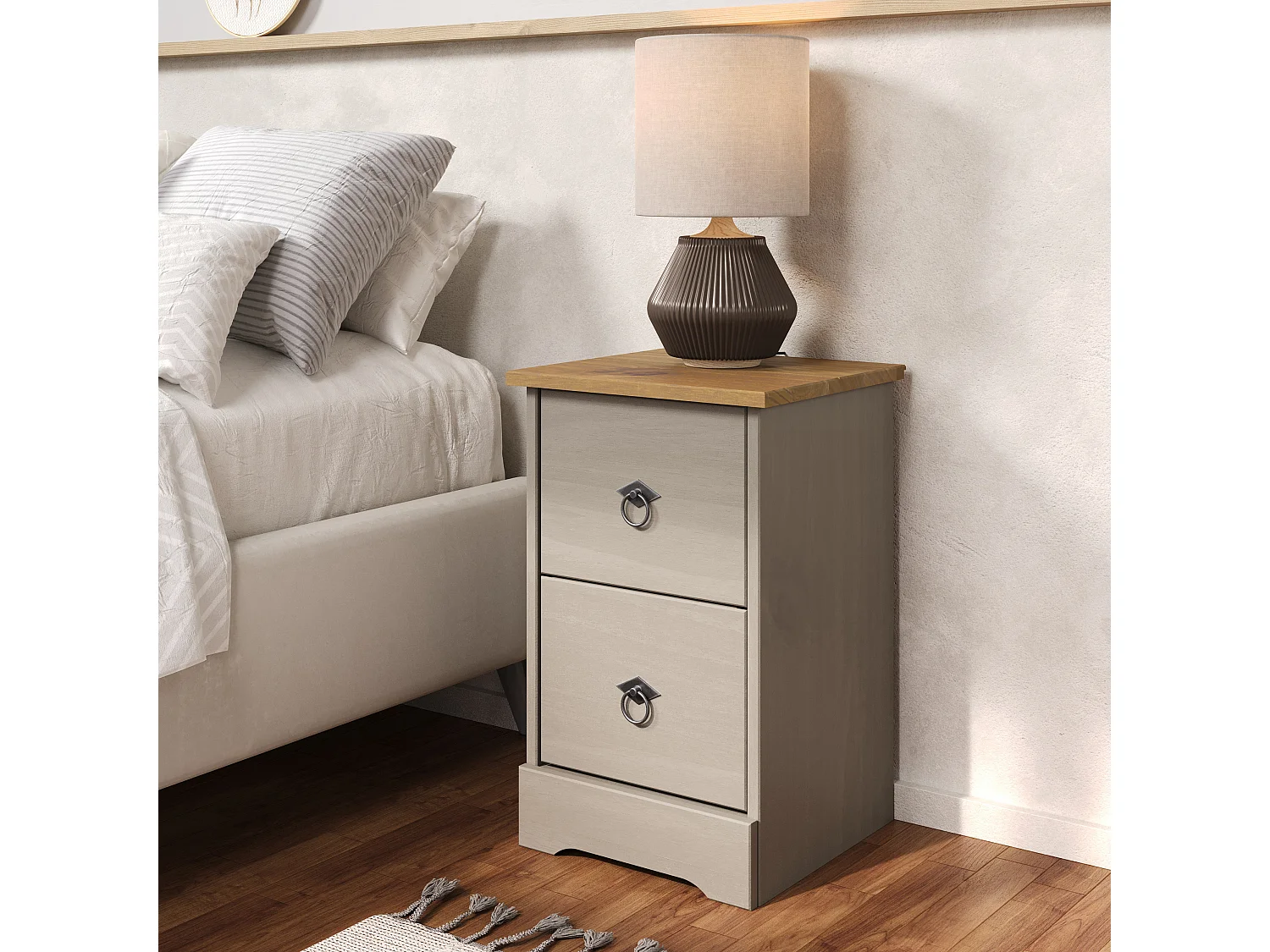 Pair of Corona Grey Modern 2-Drawer Compact Bedside Cabinet, Set of 2