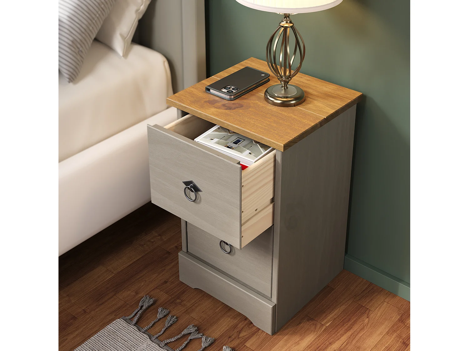 Pair of Corona Grey Modern 2-Drawer Compact Bedside Cabinet, Set of 2